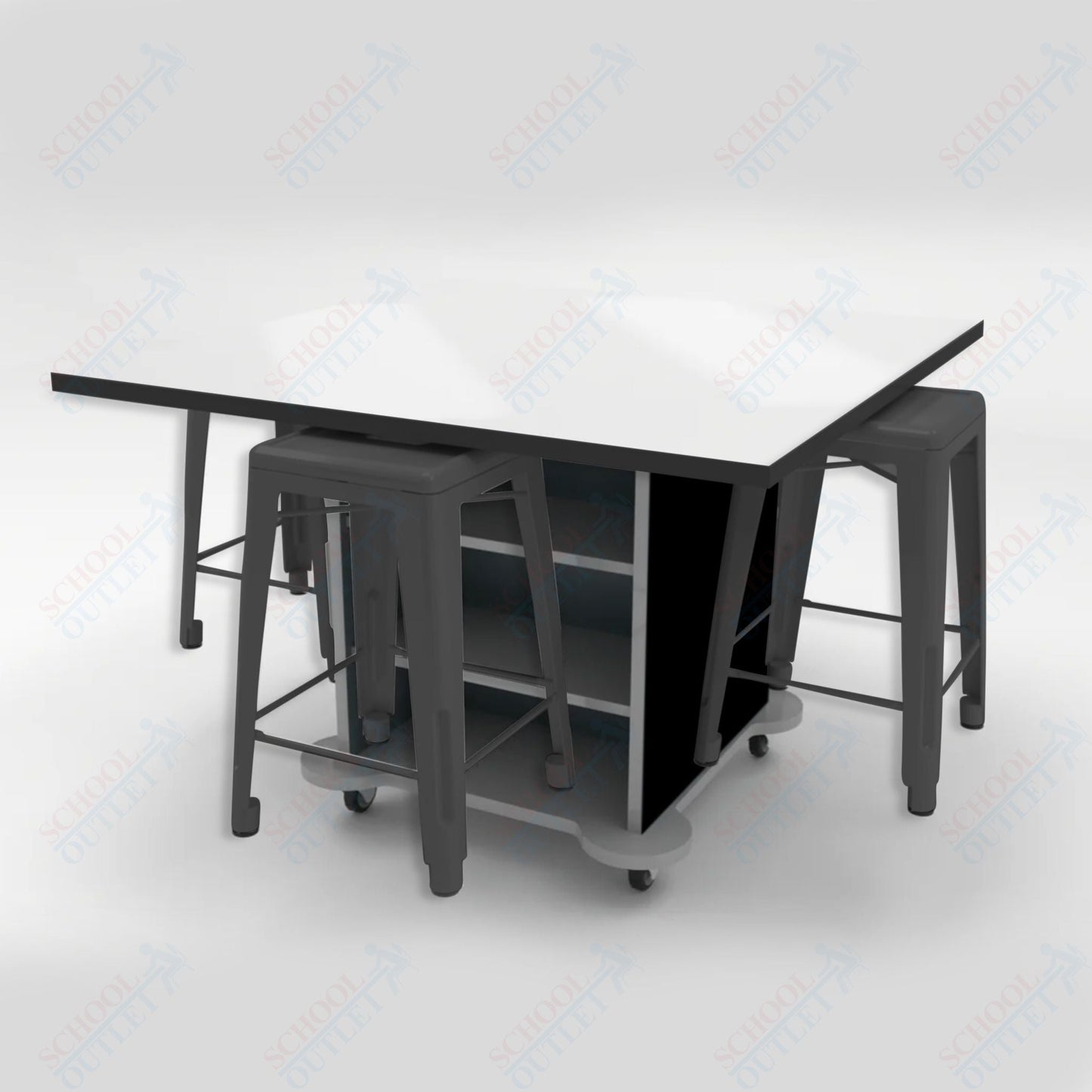 CEF Creation Cube Double - Sided Storage Table - 34"H, White Dry Erase Square Top, High - Pressure Laminate Base and 4 Metal Stools Included - SchoolOutlet