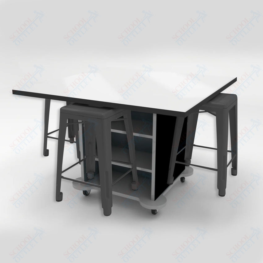 CEF Creation Cube Double - Sided Storage Table - 34"H, White Dry Erase Square Top, High - Pressure Laminate Base and 4 Metal Stools Included - SchoolOutlet