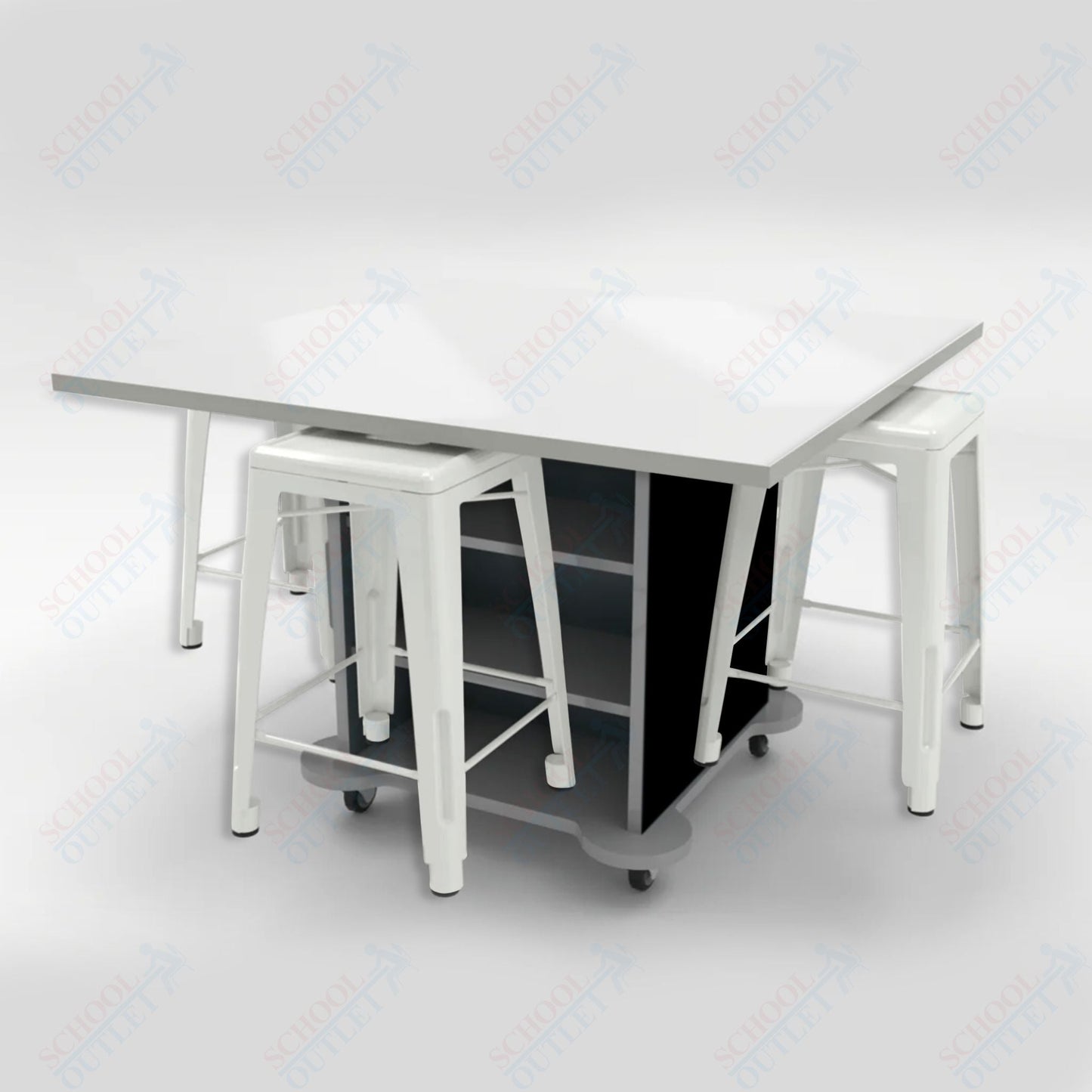CEF Creation Cube Double - Sided Storage Table - 34"H, White Dry Erase Square Top, High - Pressure Laminate Base and 4 Metal Stools Included - SchoolOutlet