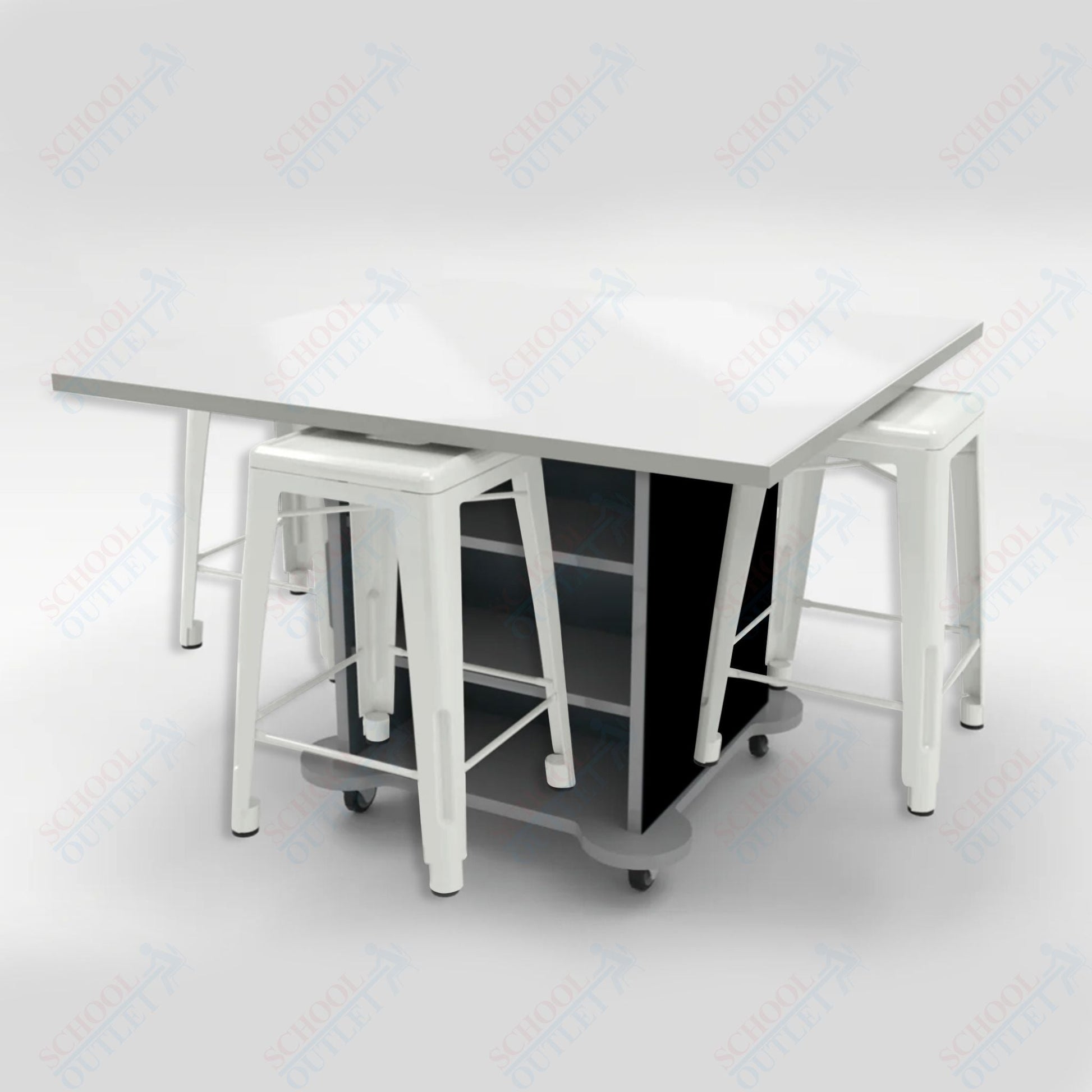 CEF Creation Cube Double - Sided Storage Table - 34"H, White Dry Erase Square Top, High - Pressure Laminate Base and 4 Metal Stools Included - SchoolOutlet