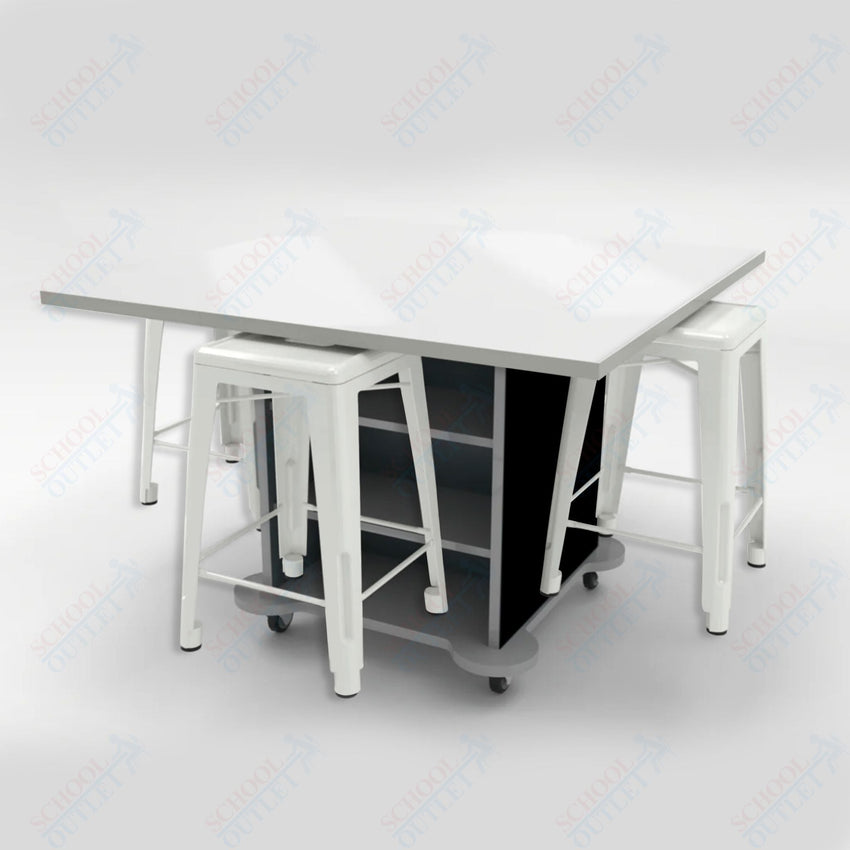CEF Creation Cube Double - Sided Storage Table - 34"H, White Dry Erase Square Top, High - Pressure Laminate Base and 4 Metal Stools Included - SchoolOutlet