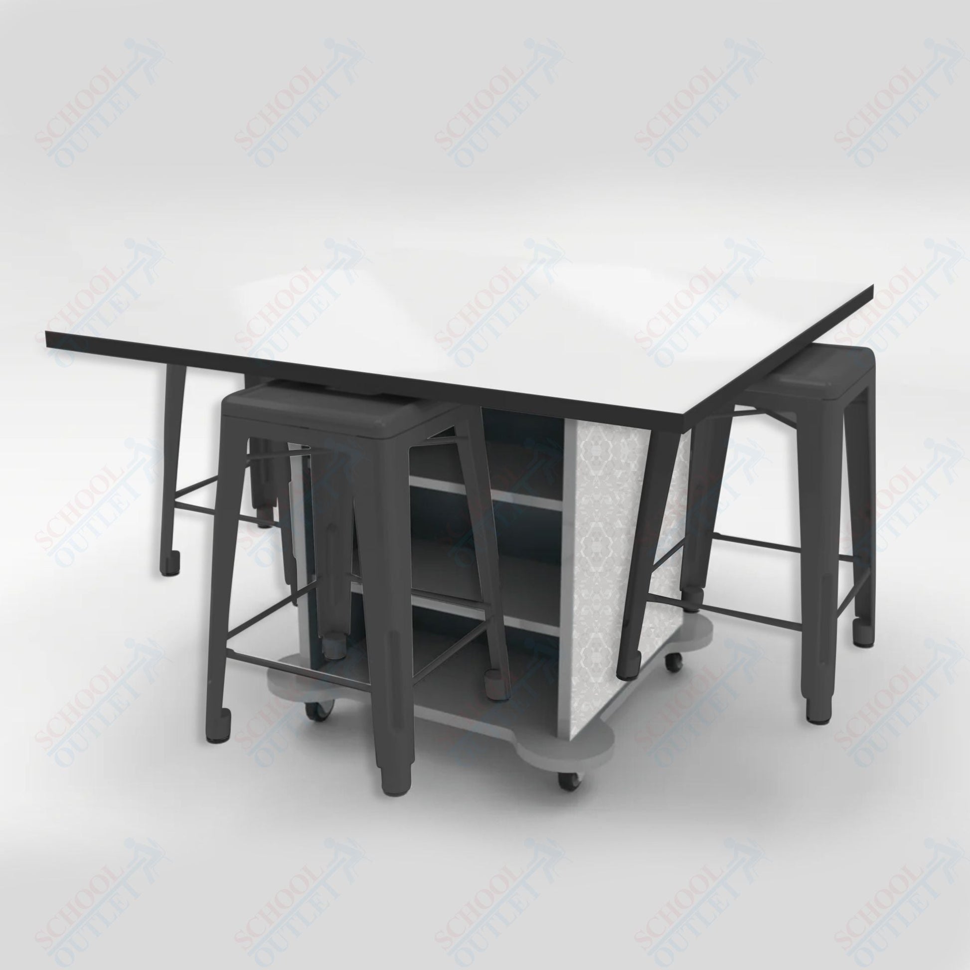 CEF Creation Cube Double - Sided Storage Table - 34"H, White Dry Erase Square Top, High - Pressure Laminate Base and 4 Metal Stools Included - SchoolOutlet