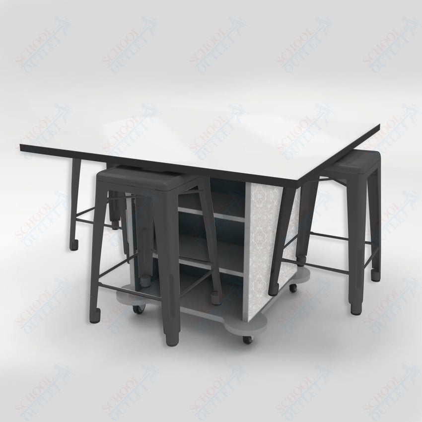 CEF Creation Cube Double - Sided Storage Table - 34"H, White Dry Erase Square Top, High - Pressure Laminate Base and 4 Metal Stools Included - SchoolOutlet
