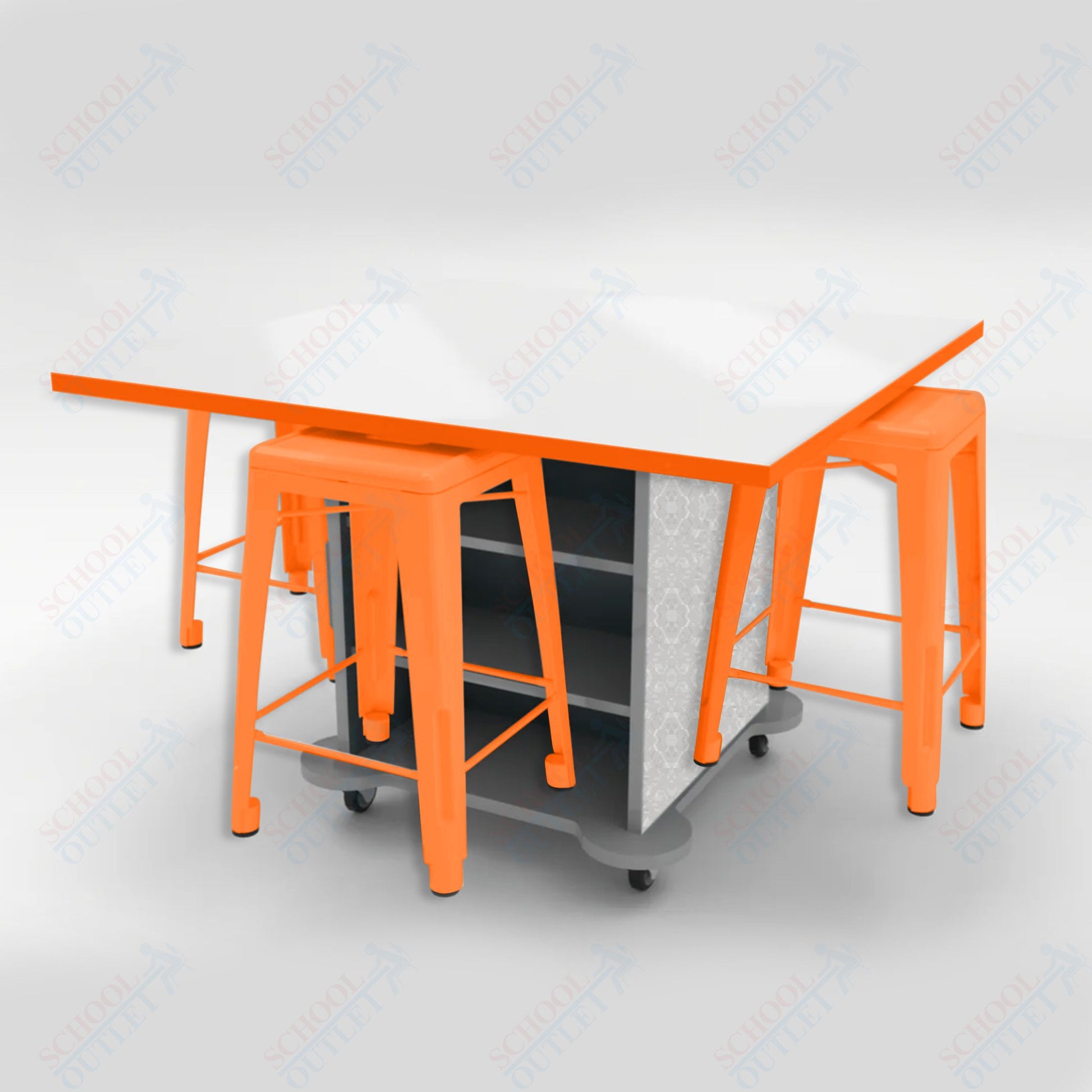 CEF Creation Cube Double - Sided Storage Table - 34"H, White Dry Erase Square Top, High - Pressure Laminate Base and 4 Metal Stools Included - SchoolOutlet