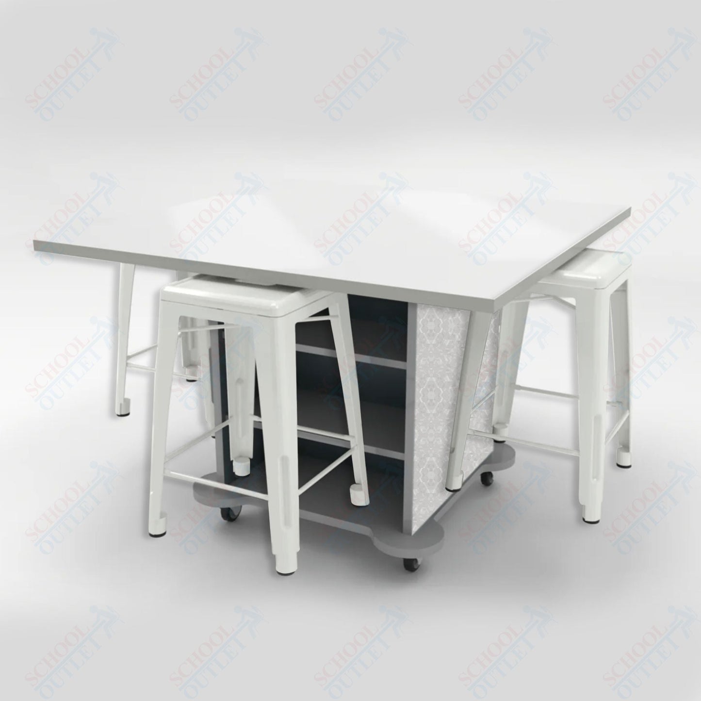 CEF Creation Cube Double - Sided Storage Table - 34"H, White Dry Erase Square Top, High - Pressure Laminate Base and 4 Metal Stools Included - SchoolOutlet