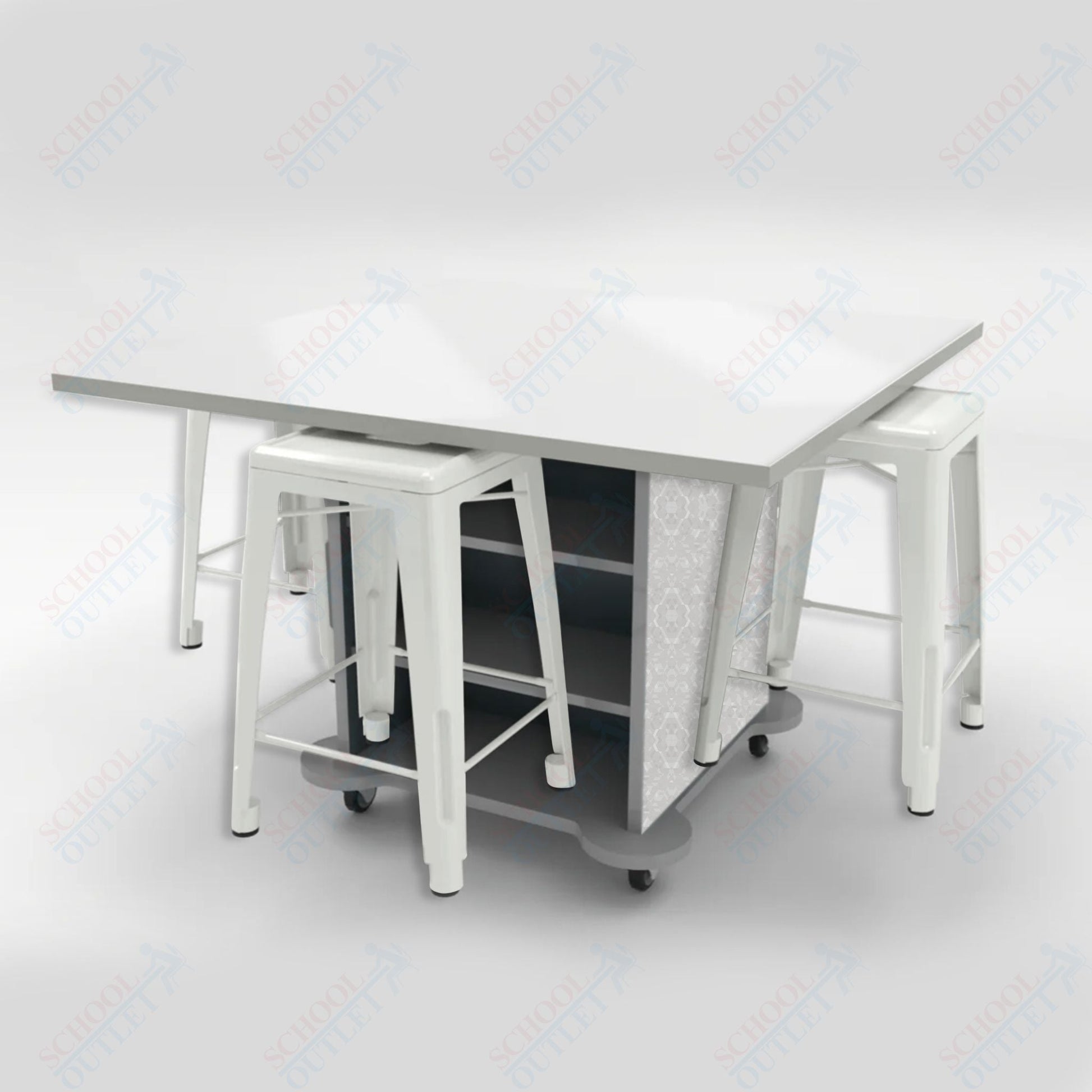 CEF Creation Cube Double - Sided Storage Table - 34"H, White Dry Erase Square Top, High - Pressure Laminate Base and 4 Metal Stools Included - SchoolOutlet