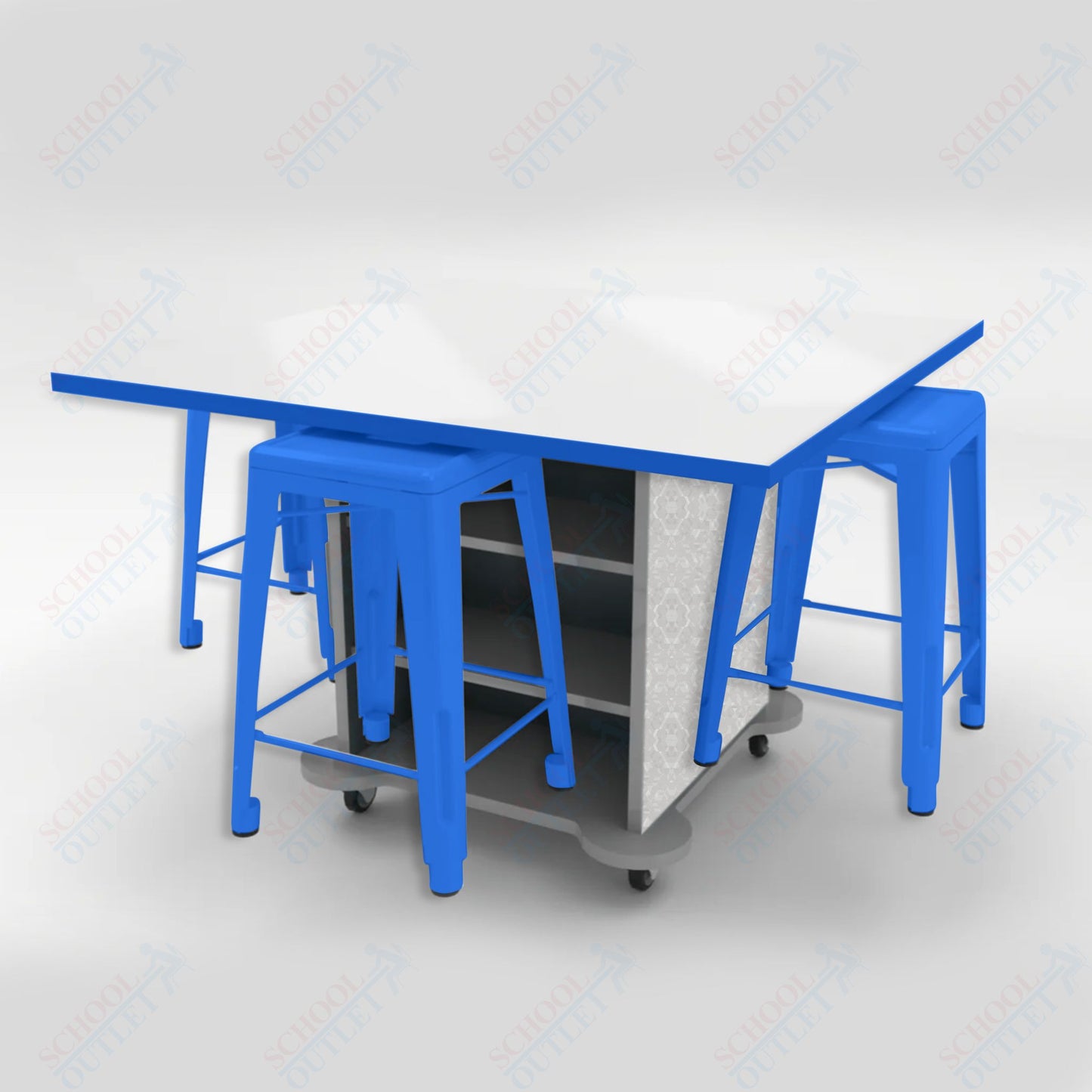 CEF Creation Cube Double - Sided Storage Table - 34"H, White Dry Erase Square Top, High - Pressure Laminate Base and 4 Metal Stools Included - SchoolOutlet