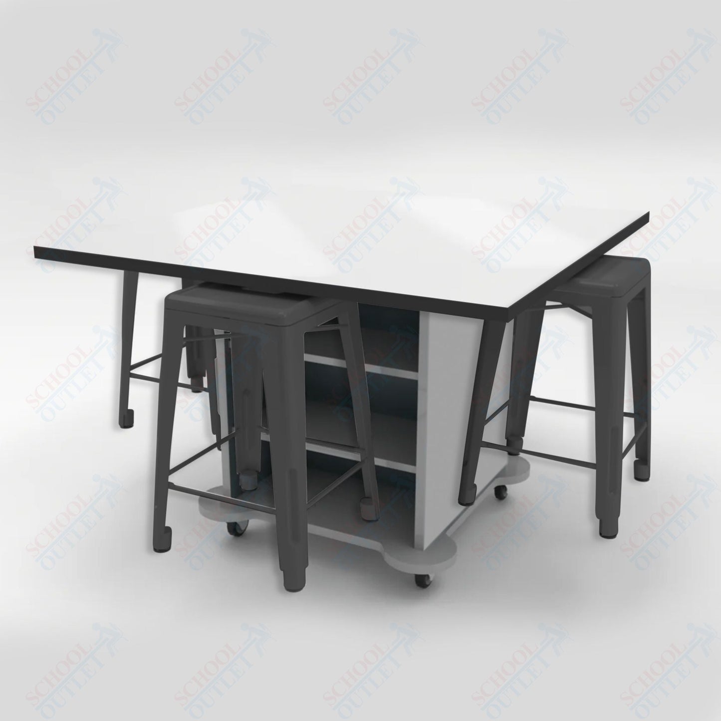 CEF Creation Cube Double - Sided Storage Table - 34"H, White Dry Erase Square Top, High - Pressure Laminate Base and 4 Metal Stools Included - SchoolOutlet