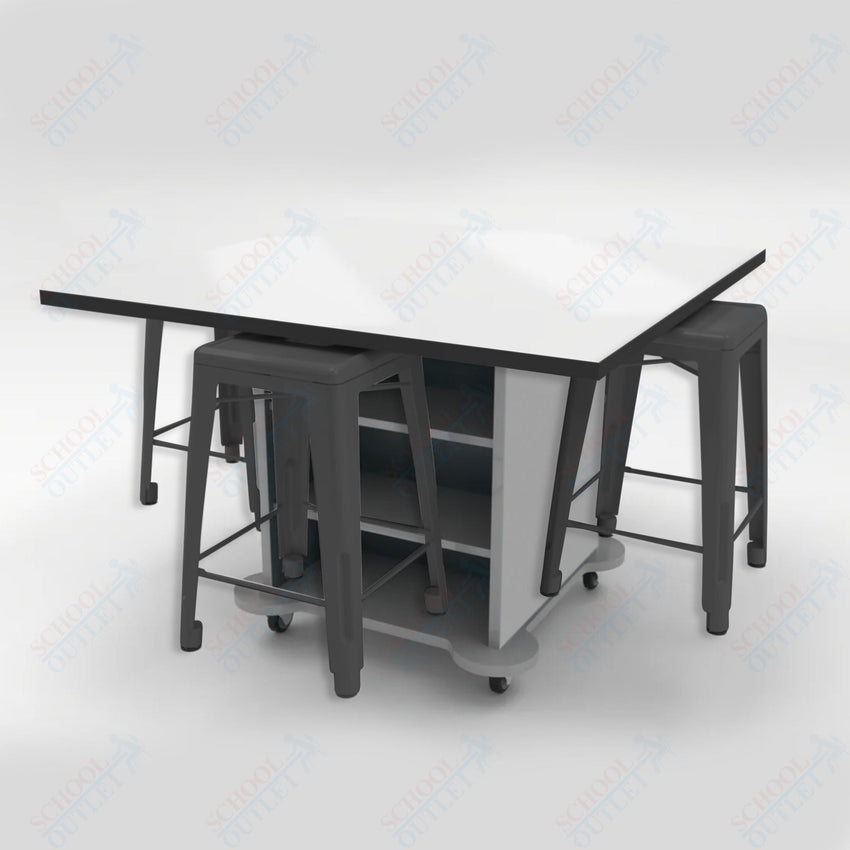 CEF Creation Cube Double - Sided Storage Table - 34"H, White Dry Erase Square Top, High - Pressure Laminate Base and 4 Metal Stools Included - SchoolOutlet