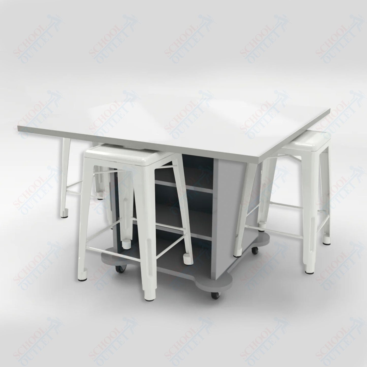 CEF Creation Cube Double - Sided Storage Table - 34"H, White Dry Erase Square Top, High - Pressure Laminate Base and 4 Metal Stools Included - SchoolOutlet