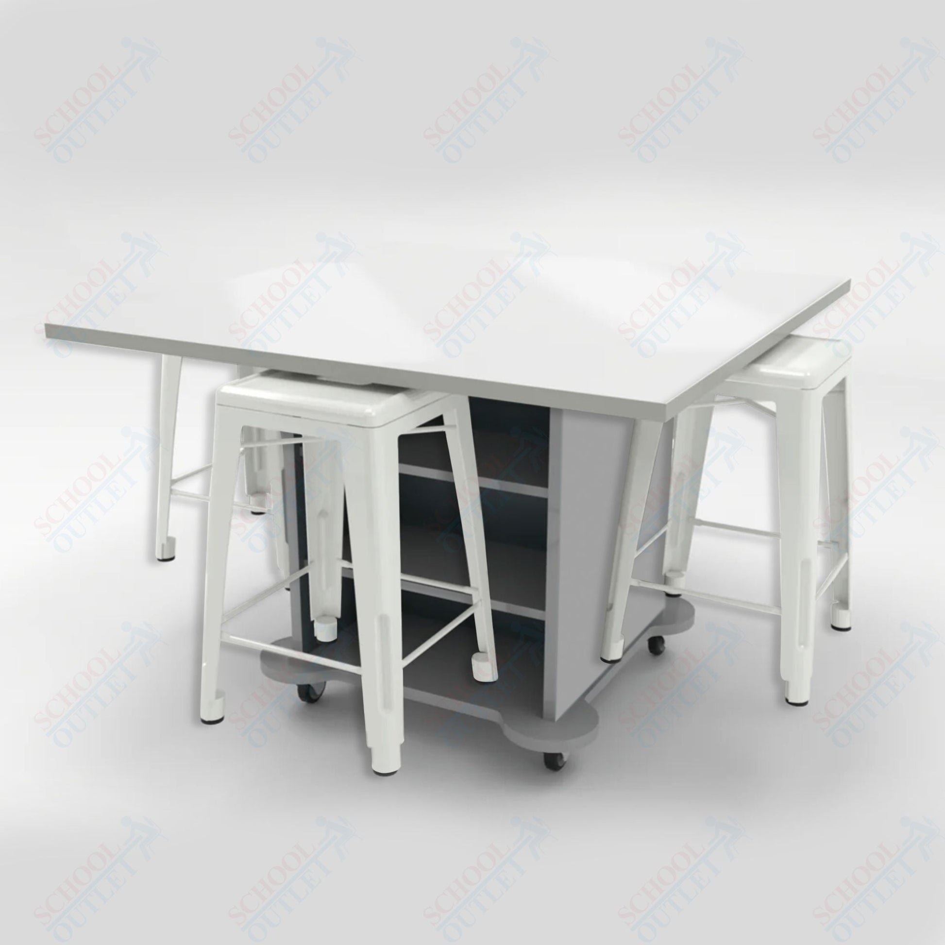 CEF Creation Cube Double - Sided Storage Table - 34"H, White Dry Erase Square Top, High - Pressure Laminate Base and 4 Metal Stools Included - SchoolOutlet