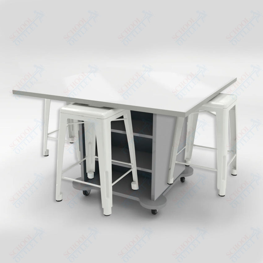 CEF Creation Cube Double - Sided Storage Table - 34"H, White Dry Erase Square Top, High - Pressure Laminate Base and 4 Metal Stools Included - SchoolOutlet