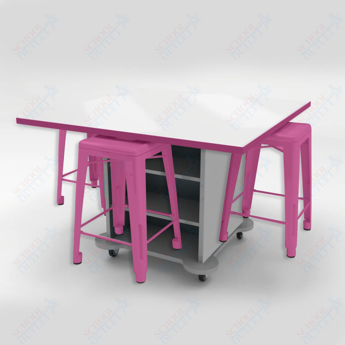 CEF Creation Cube Double - Sided Storage Table - 34"H, White Dry Erase Square Top, High - Pressure Laminate Base and 4 Metal Stools Included - SchoolOutlet