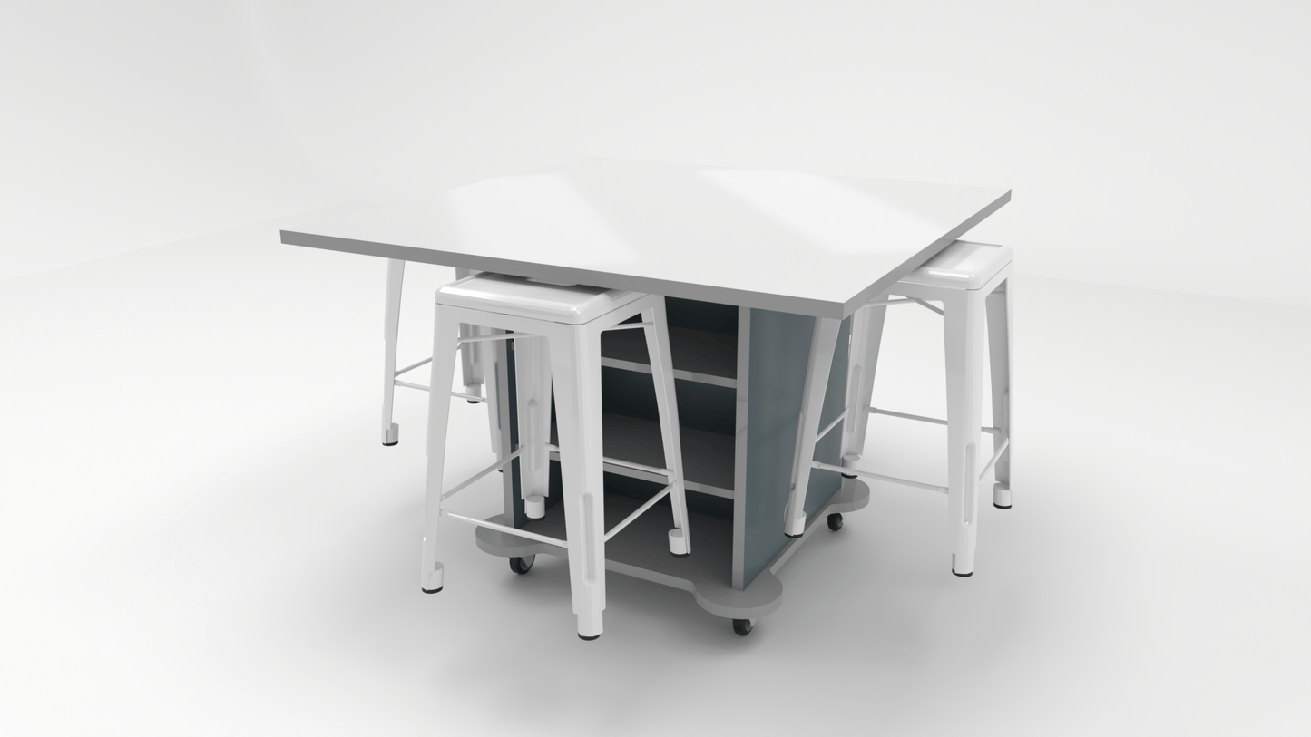 CEF Creation Cube Double-Sided Storage Table - 34"H, White Dry Erase Square Top, High-Pressure Laminate Base and 4 Metal Stools Included - SchoolOutlet