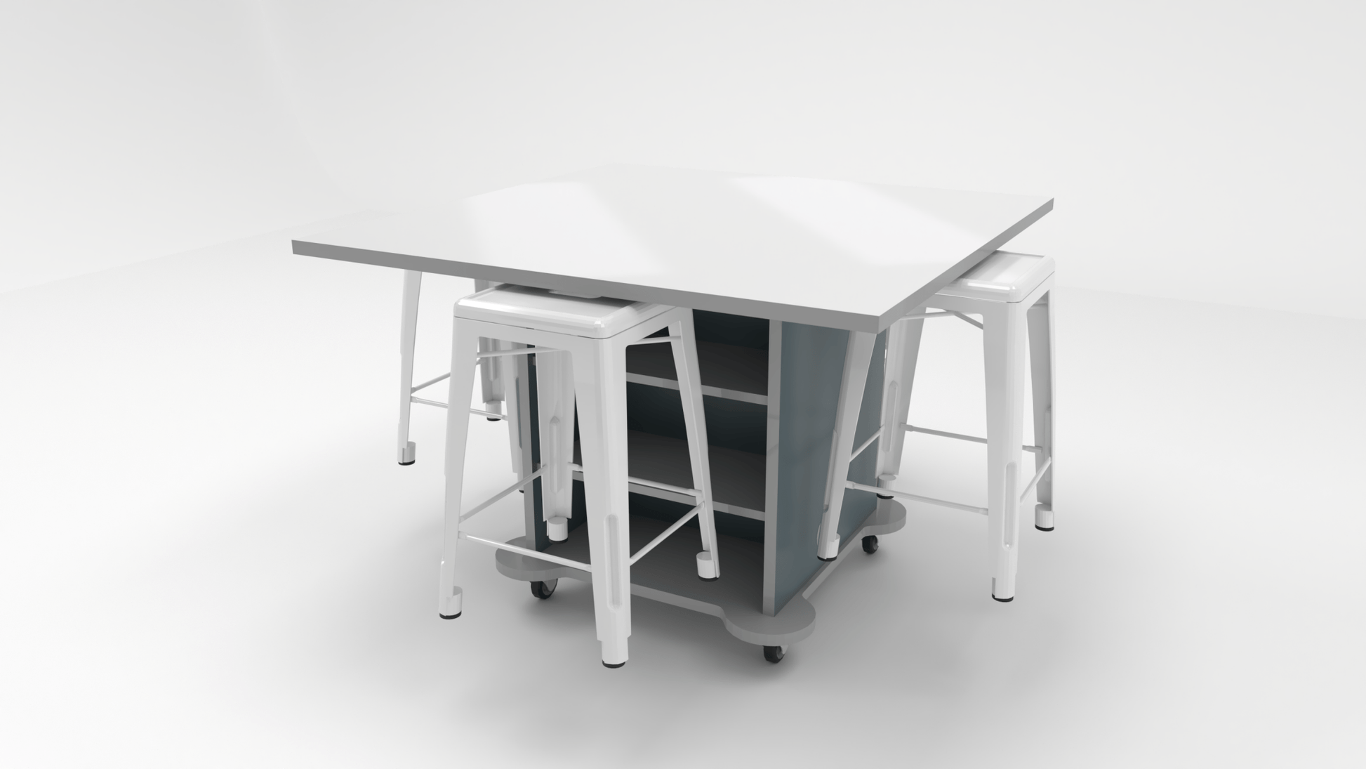 CEF Creation Cube Double-Sided Storage Table - 34"H, White Dry Erase Square Top, High-Pressure Laminate Base and 4 Metal Stools Included - SchoolOutlet