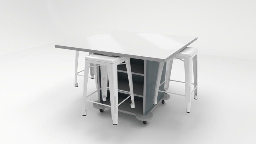 CEF Creation Cube Double-Sided Storage Table - 34"H, White Dry Erase Square Top, High-Pressure Laminate Base and 4 Metal Stools Included - SchoolOutlet