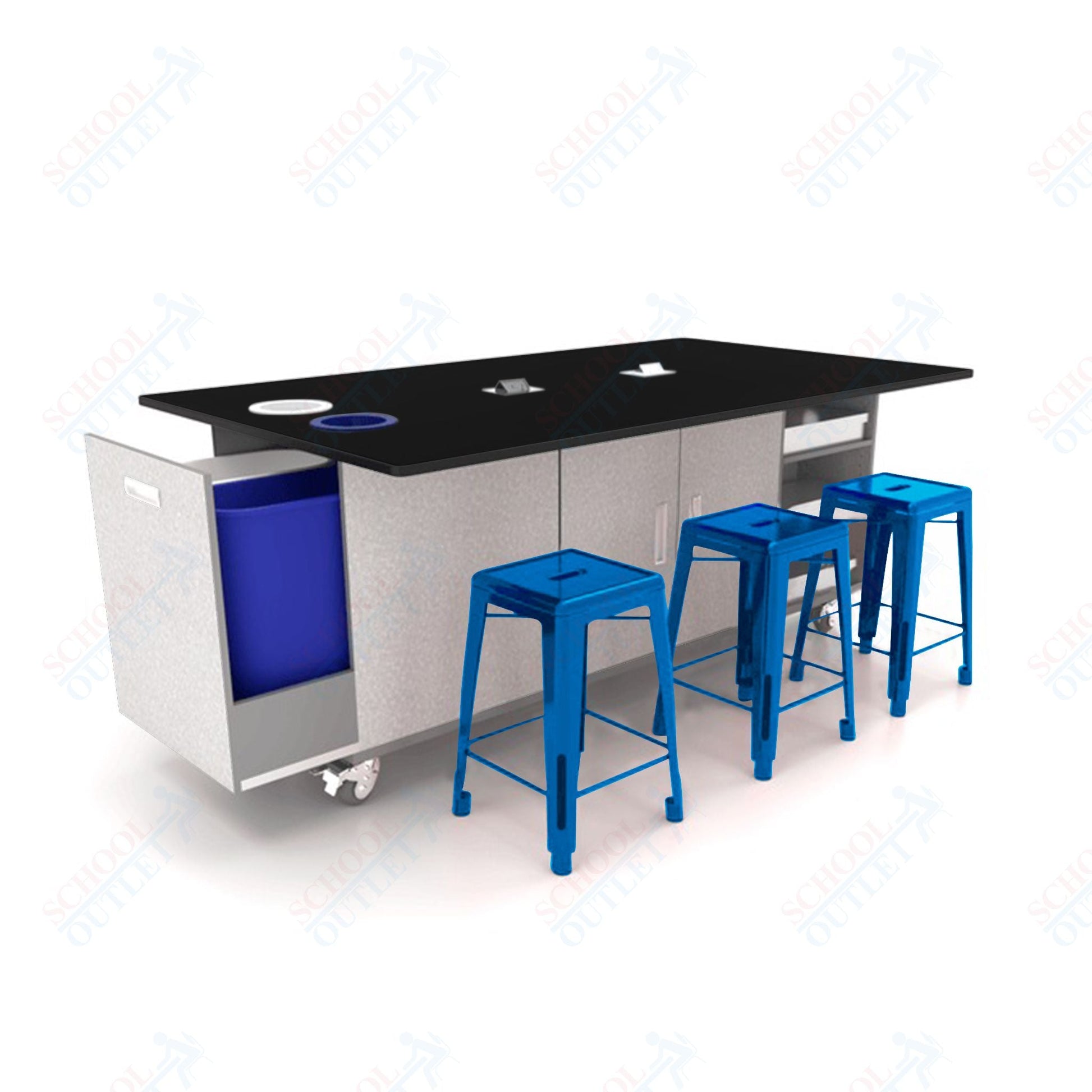 CEF ED Original Table 36"H Tough Top, Laminate Base with 6 Stools, Storage Bins, Trash Bins, and Electrical Outlets Included. - SchoolOutlet