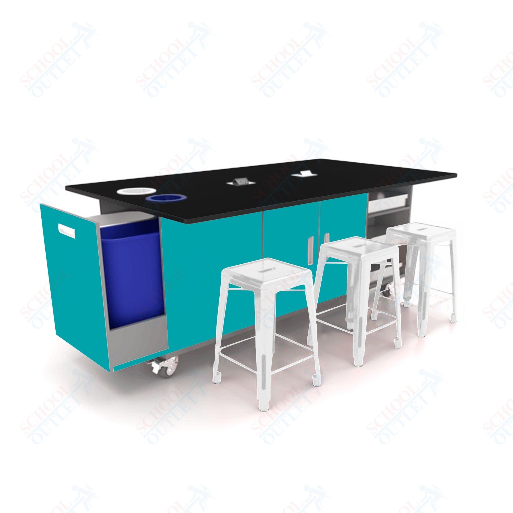 CEF ED Original Table 36"H Tough Top, Laminate Base with 6 Stools, Storage Bins, Trash Bins, and Electrical Outlets Included. - SchoolOutlet