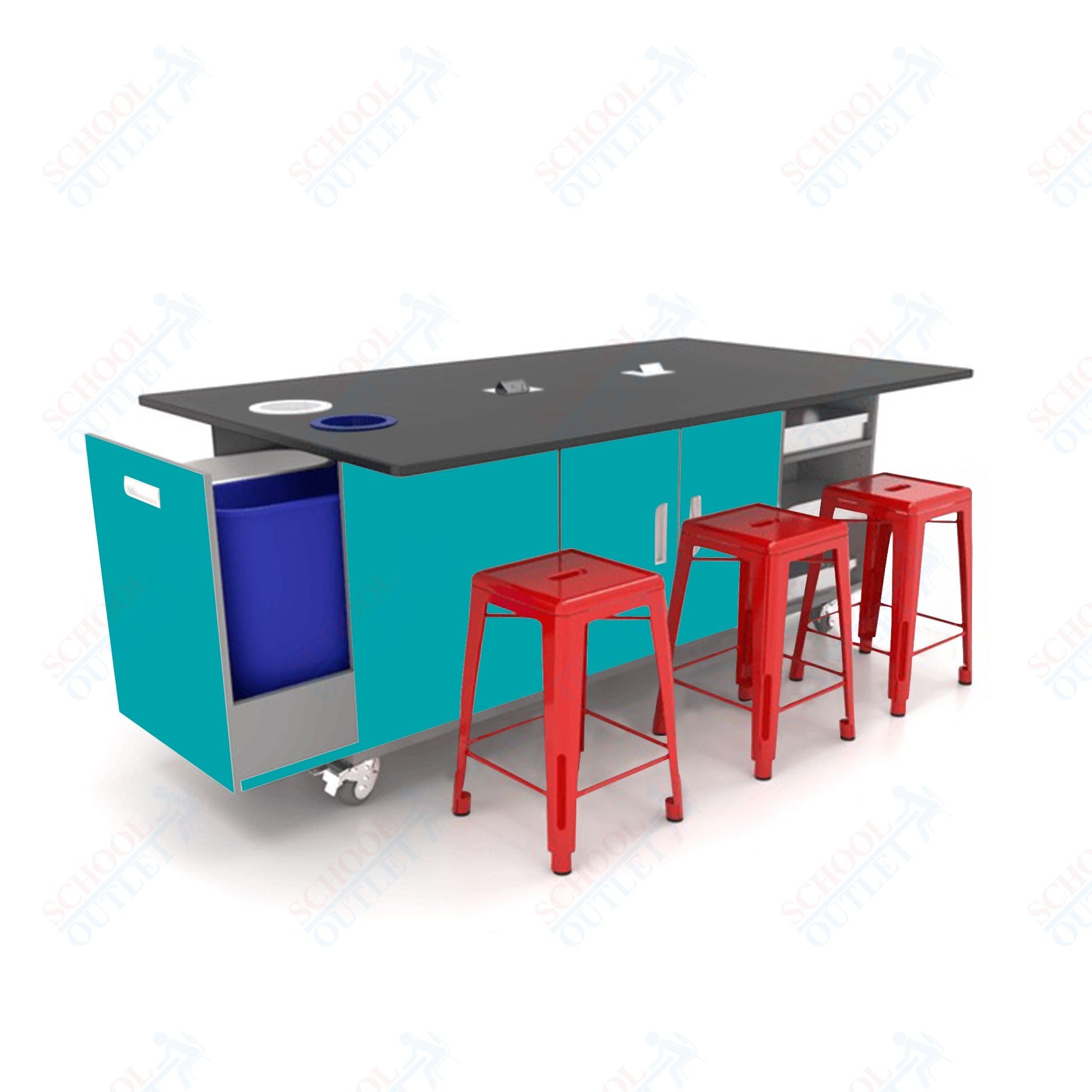 CEF ED Original Table 36"H Tough Top, Laminate Base with 6 Stools, Storage Bins, Trash Bins, and Electrical Outlets Included. - SchoolOutlet