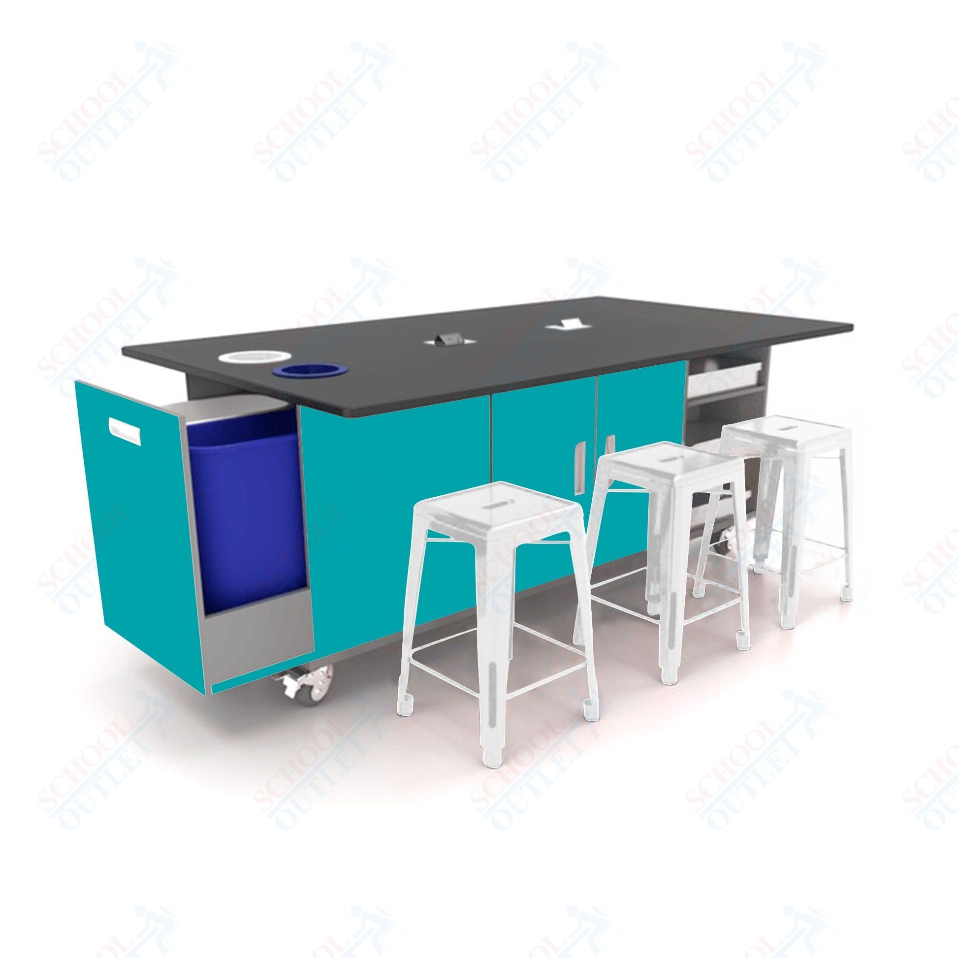 CEF ED Original Table 36"H Tough Top, Laminate Base with 6 Stools, Storage Bins, Trash Bins, and Electrical Outlets Included. - SchoolOutlet