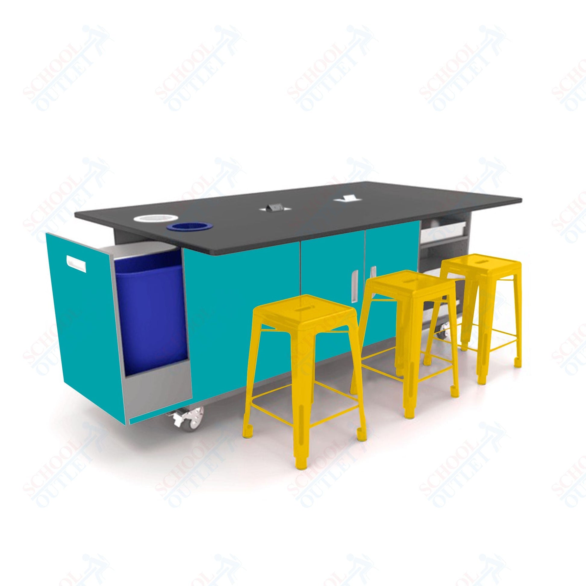 CEF ED Original Table 36"H Tough Top, Laminate Base with 6 Stools, Storage Bins, Trash Bins, and Electrical Outlets Included. - SchoolOutlet
