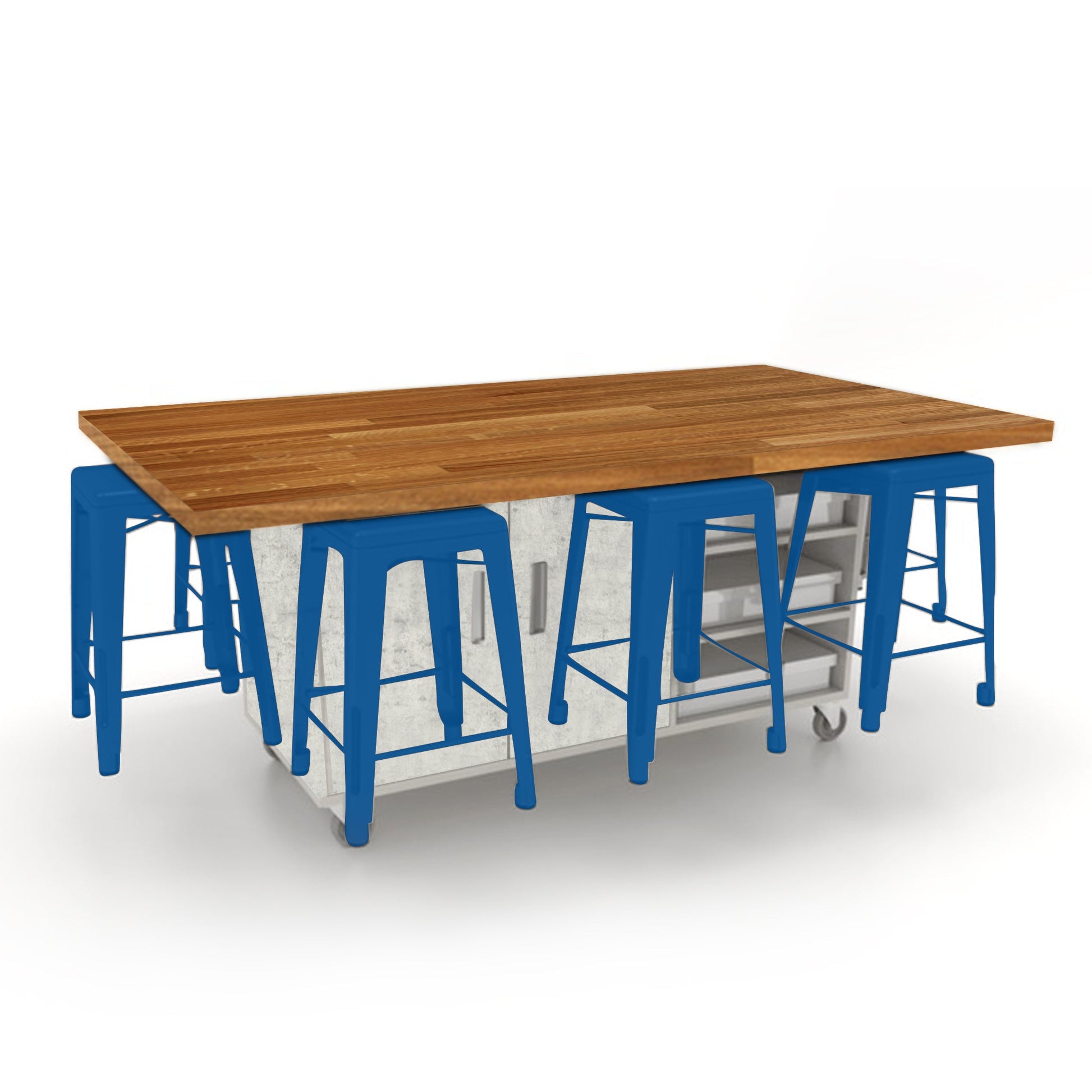 CEF ED8 Table 36"H Butcher Block Top, Laminate Base with 8 Stools, Storage bins, and Electrical Outlets Included. - SchoolOutlet