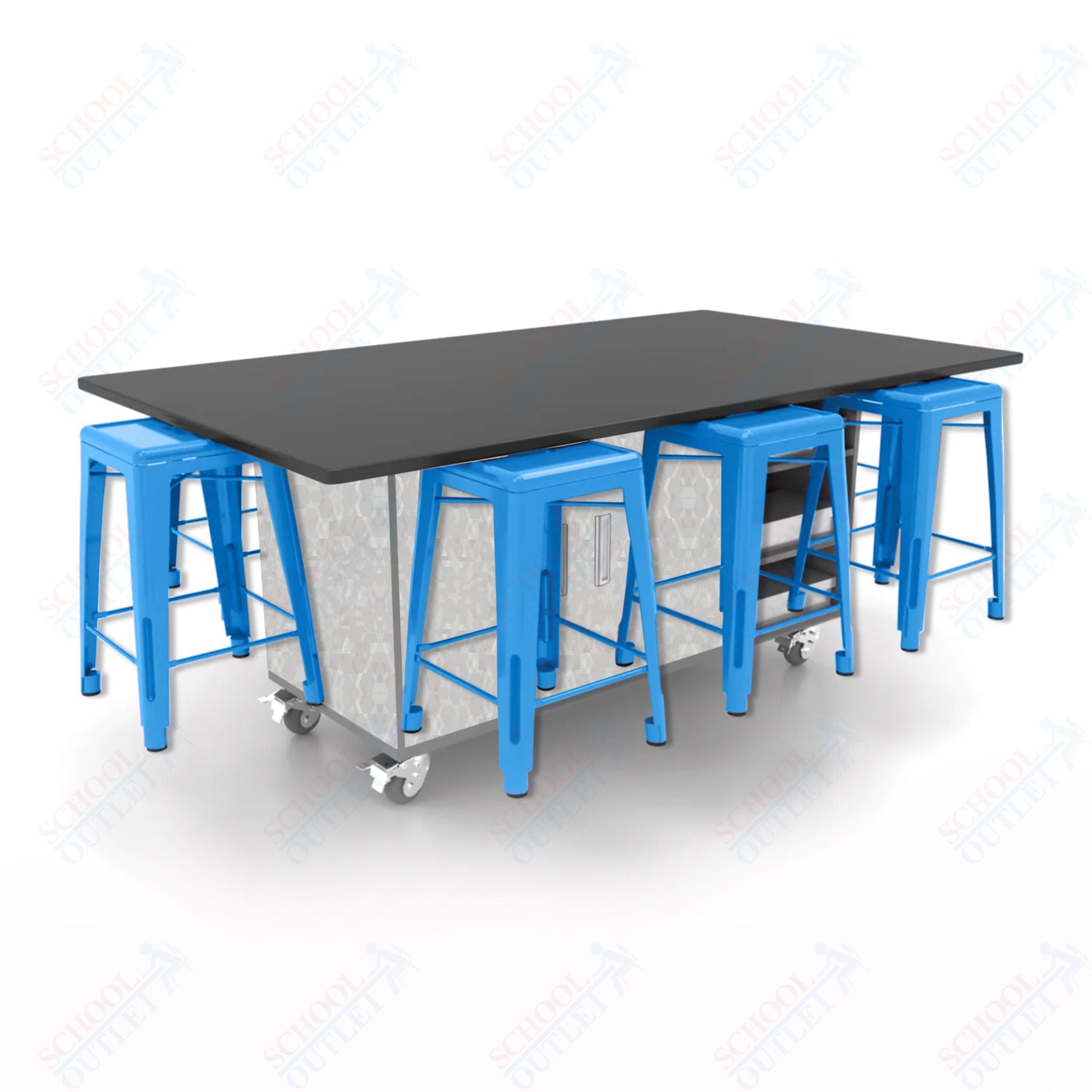 CEF ED8 Table 36"H Chemical Resistant Top, Laminate Base with 8 Stools, Storage bins, and Electrical Outlets Included. - SchoolOutlet