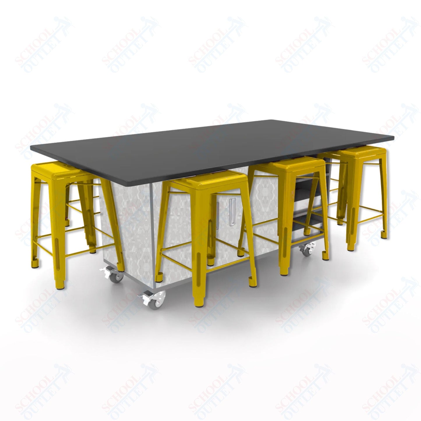 CEF ED8 Table 36"H Chemical Resistant Top, Laminate Base with 8 Stools, Storage bins, and Electrical Outlets Included. - SchoolOutlet
