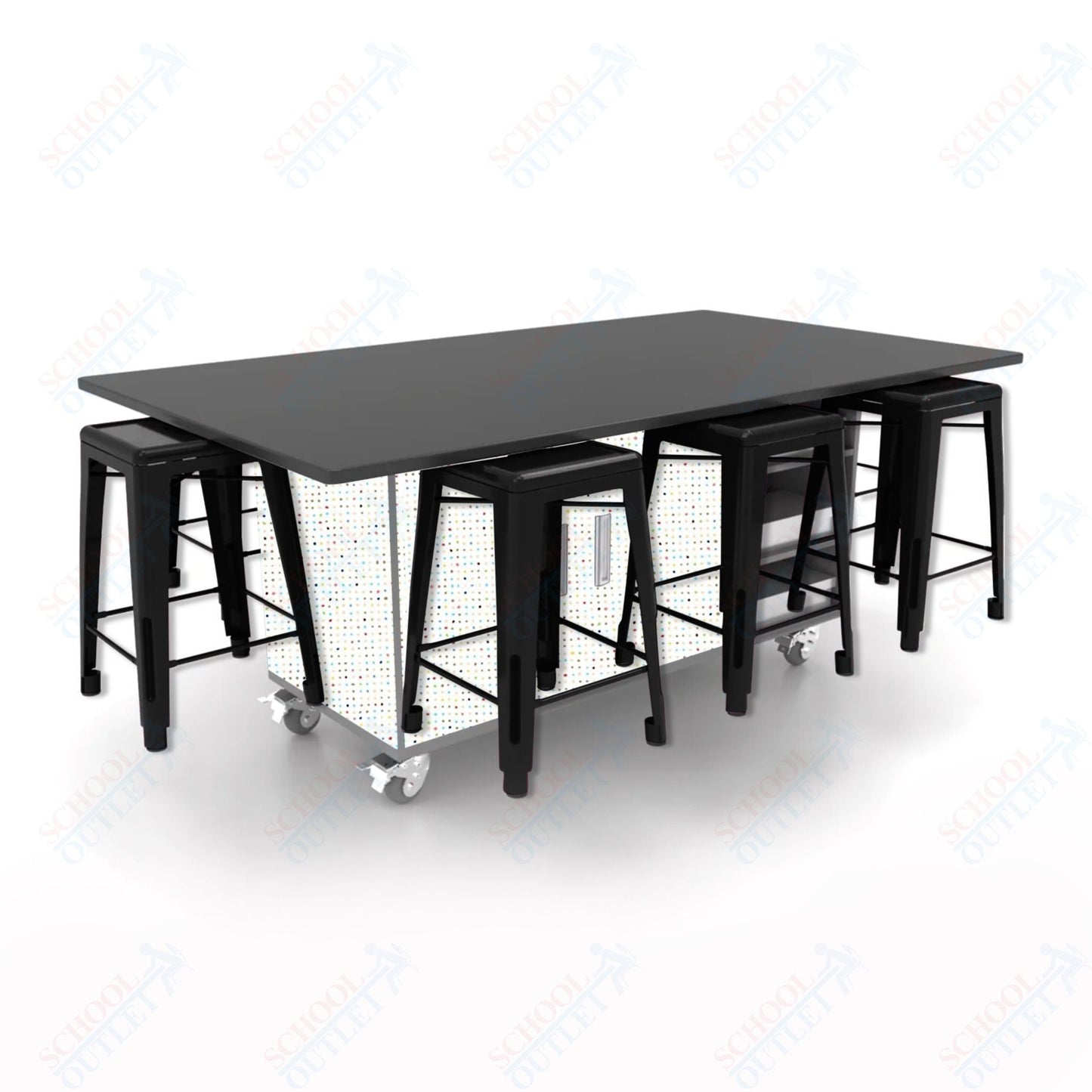 CEF ED8 Table 36"H Chemical Resistant Top, Laminate Base with 8 Stools, Storage bins, and Electrical Outlets Included. - SchoolOutlet