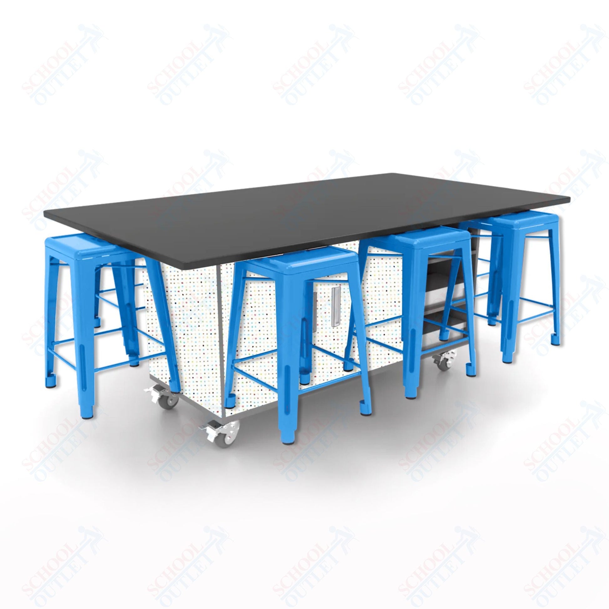 CEF ED8 Table 36"H Chemical Resistant Top, Laminate Base with 8 Stools, Storage bins, and Electrical Outlets Included. - SchoolOutlet