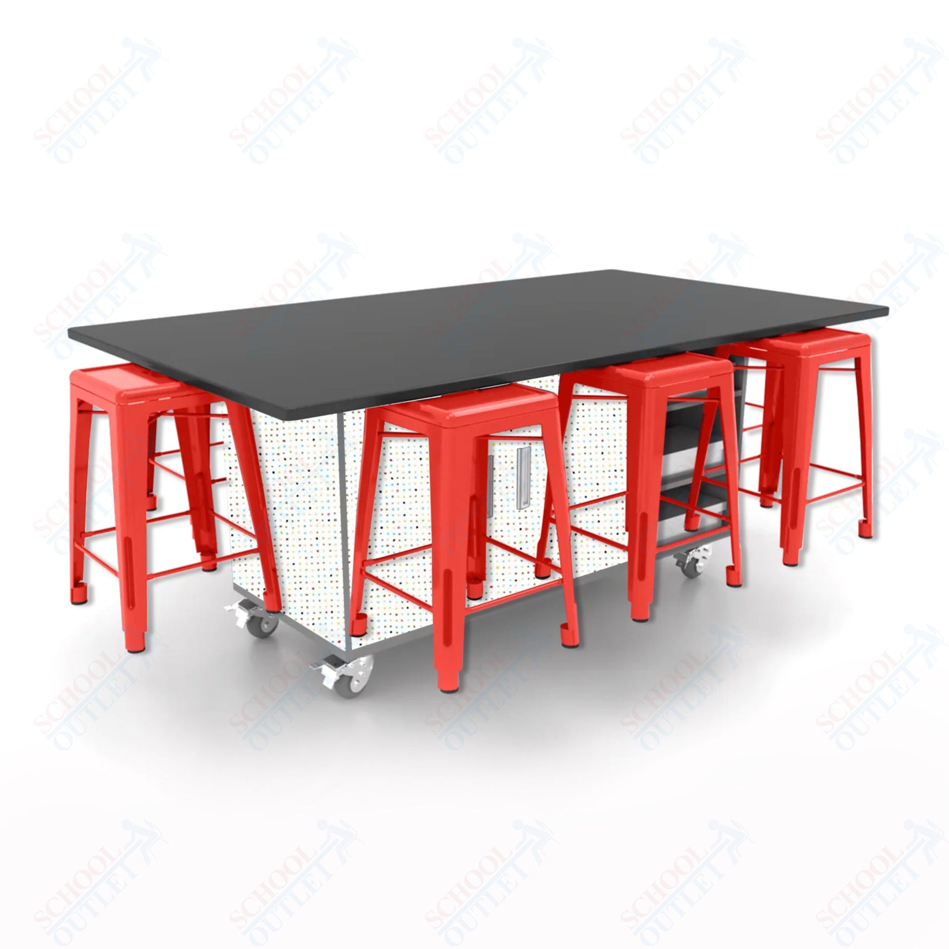 CEF ED8 Table 36"H Chemical Resistant Top, Laminate Base with 8 Stools, Storage bins, and Electrical Outlets Included. - SchoolOutlet