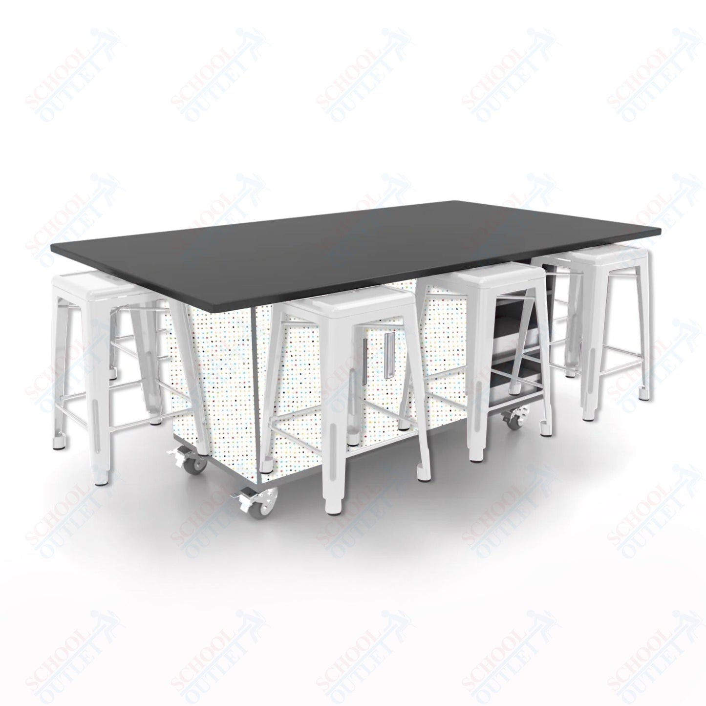 CEF ED8 Table 36"H Chemical Resistant Top, Laminate Base with 8 Stools, Storage bins, and Electrical Outlets Included. - SchoolOutlet