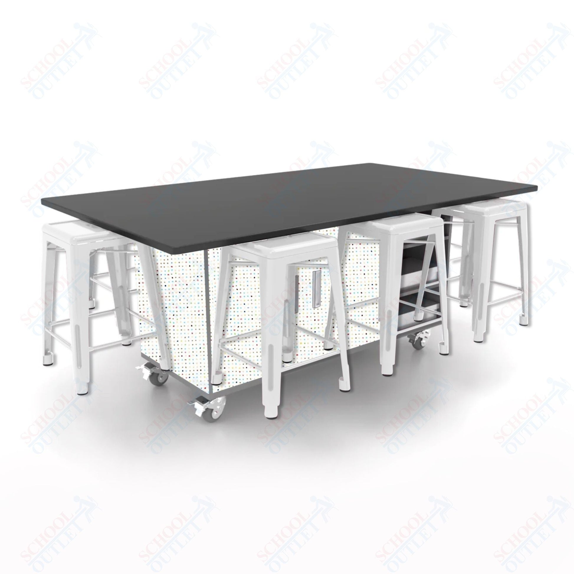 CEF ED8 Table 36"H Chemical Resistant Top, Laminate Base with 8 Stools, Storage bins, and Electrical Outlets Included. - SchoolOutlet