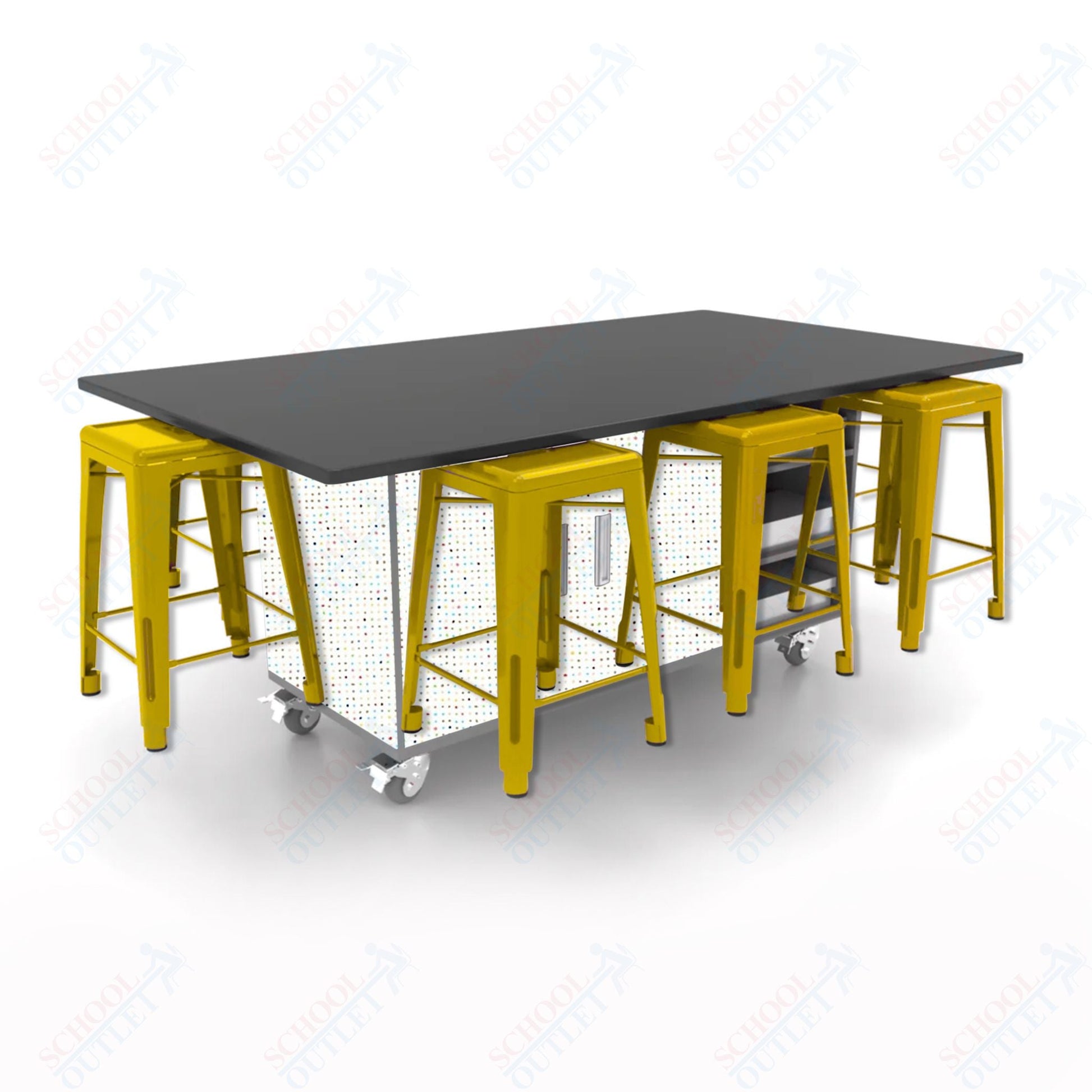 CEF ED8 Table 36"H Chemical Resistant Top, Laminate Base with 8 Stools, Storage bins, and Electrical Outlets Included. - SchoolOutlet
