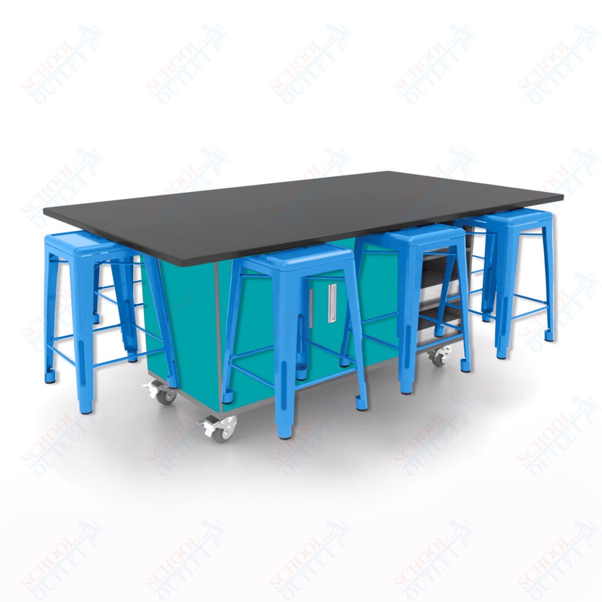 CEF ED8 Table 36"H Chemical Resistant Top, Laminate Base with 8 Stools, Storage bins, and Electrical Outlets Included. - SchoolOutlet