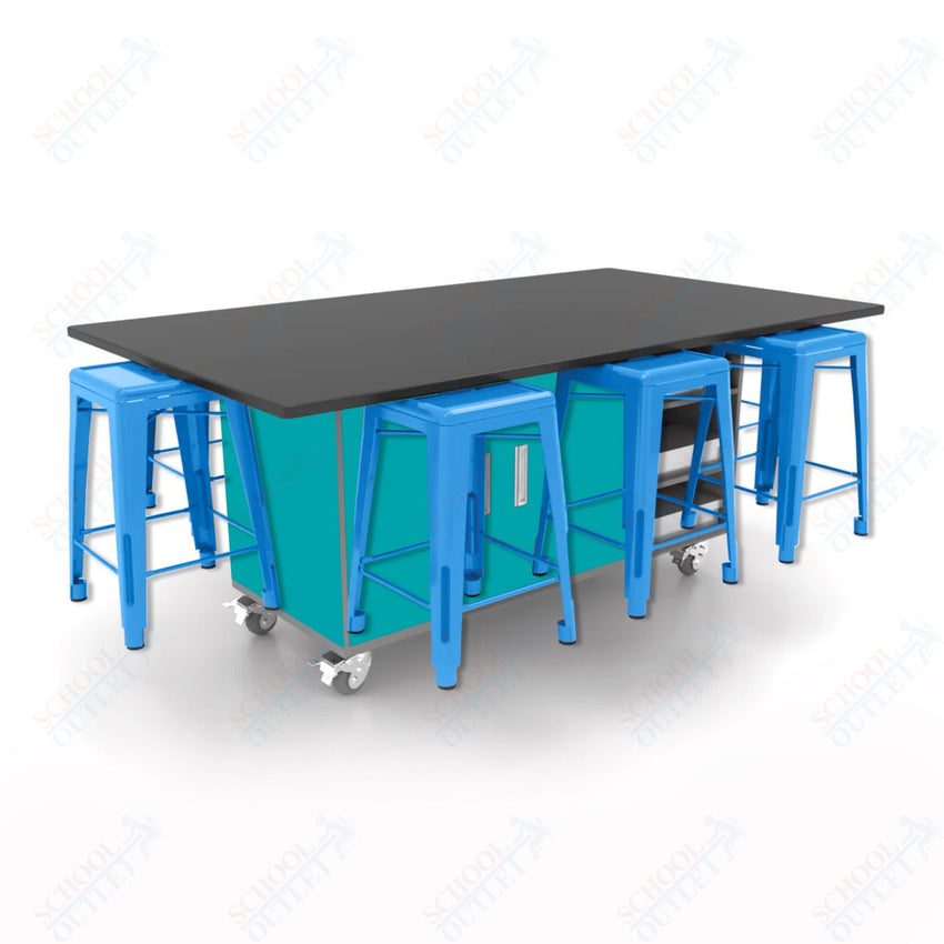 CEF ED8 Table 36"H Chemical Resistant Top, Laminate Base with 8 Stools, Storage bins, and Electrical Outlets Included. - SchoolOutlet