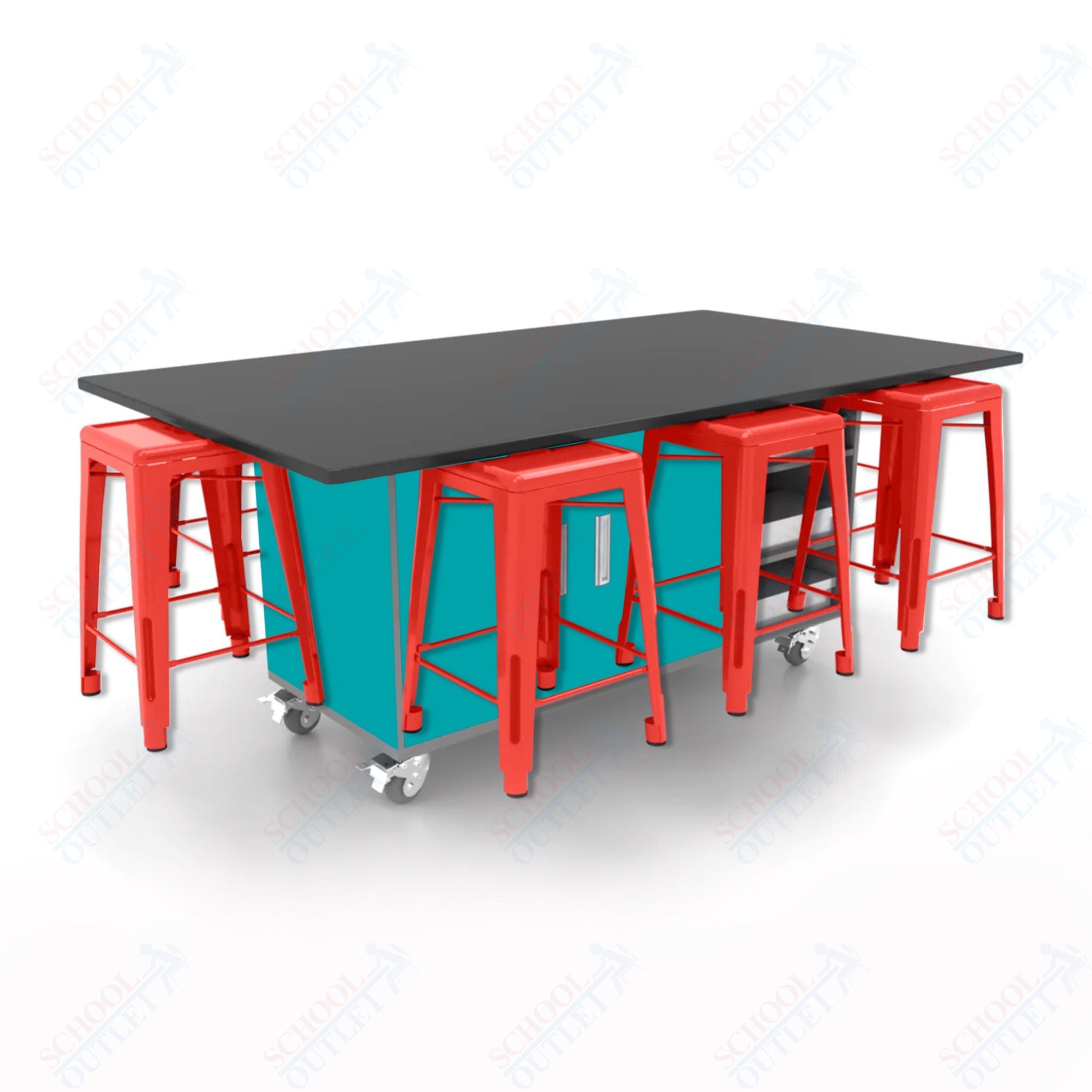CEF ED8 Table 36"H Chemical Resistant Top, Laminate Base with 8 Stools, Storage bins, and Electrical Outlets Included. - SchoolOutlet