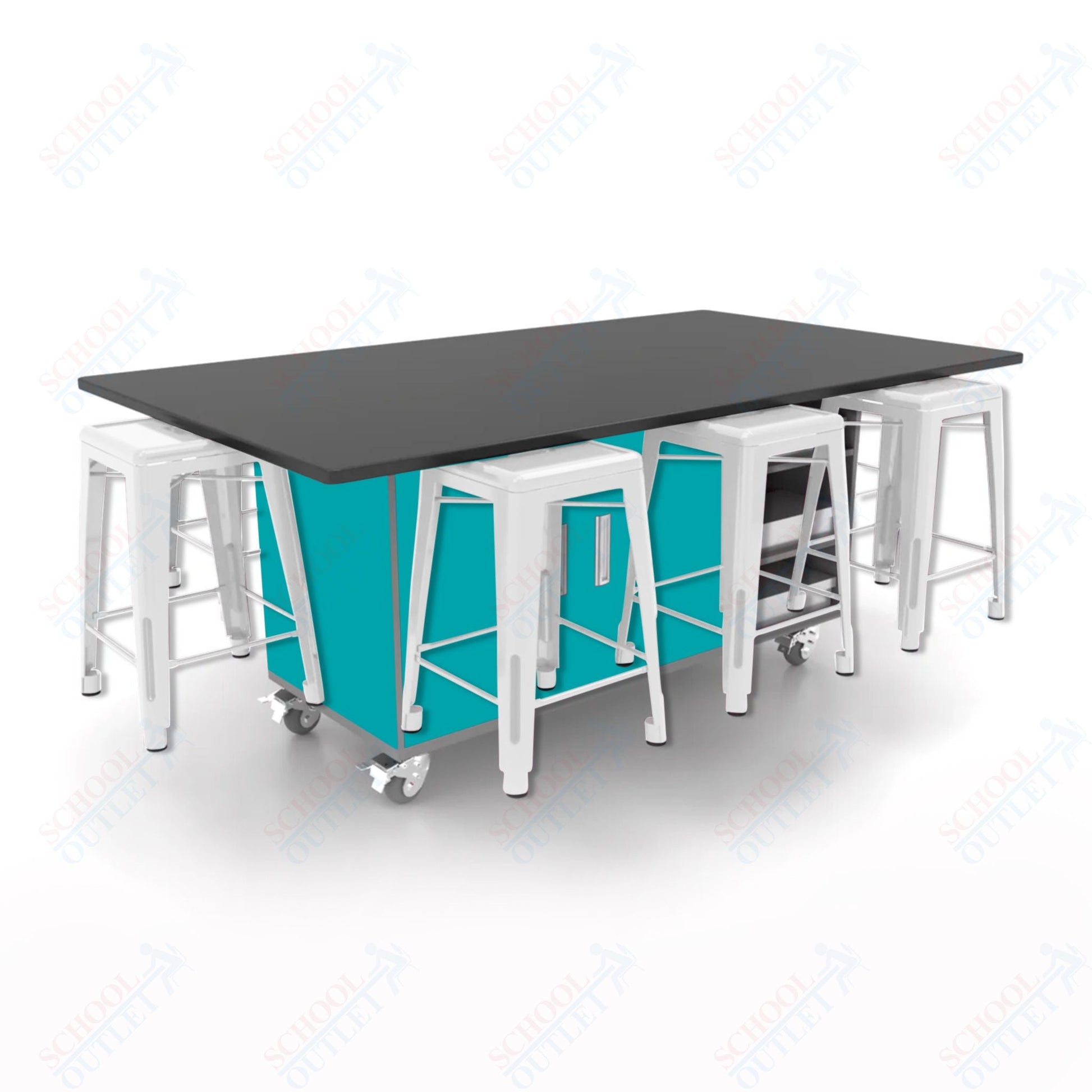 CEF ED8 Table 36"H Chemical Resistant Top, Laminate Base with 8 Stools, Storage bins, and Electrical Outlets Included. - SchoolOutlet