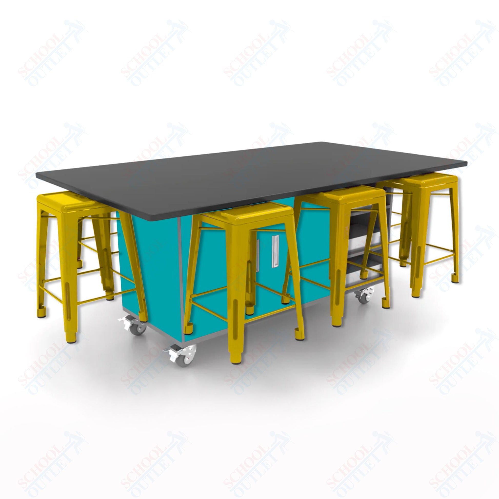 CEF ED8 Table 36"H Chemical Resistant Top, Laminate Base with 8 Stools, Storage bins, and Electrical Outlets Included. - SchoolOutlet