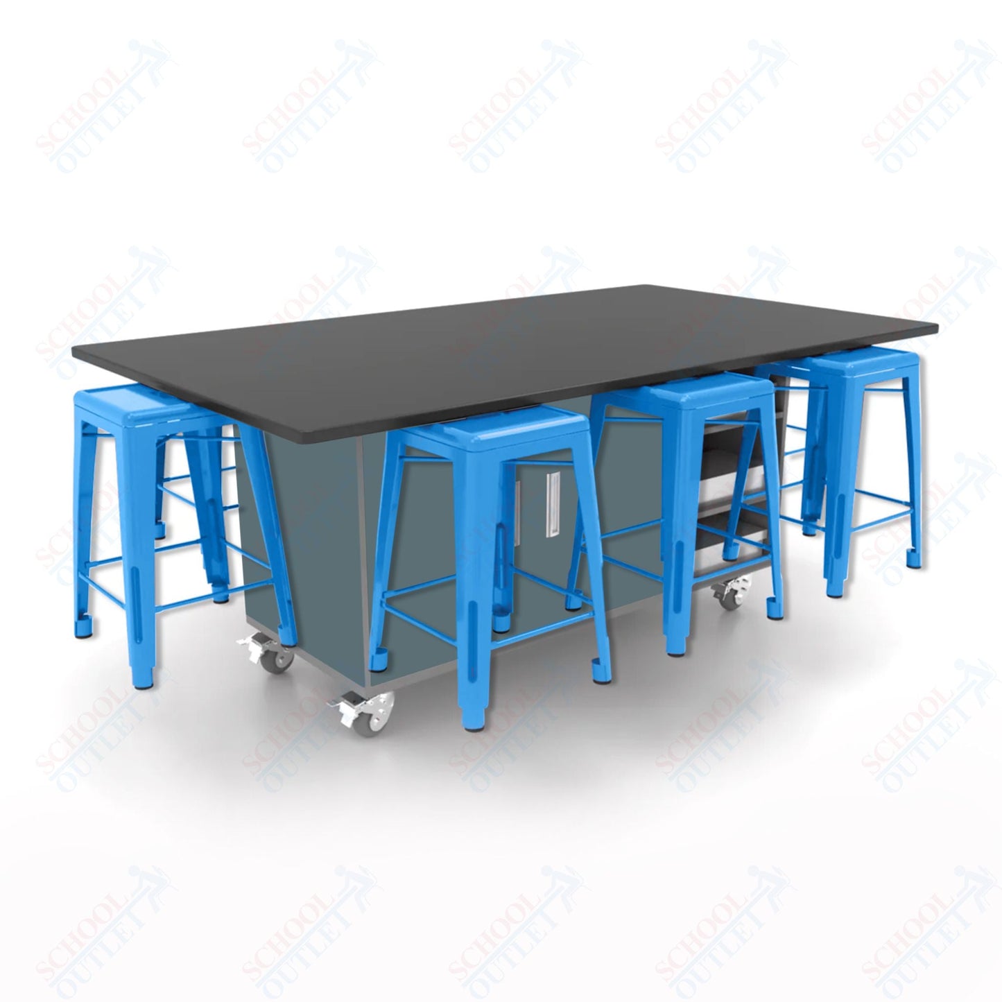 CEF ED8 Table 36"H Chemical Resistant Top, Laminate Base with 8 Stools, Storage bins, and Electrical Outlets Included. - SchoolOutlet