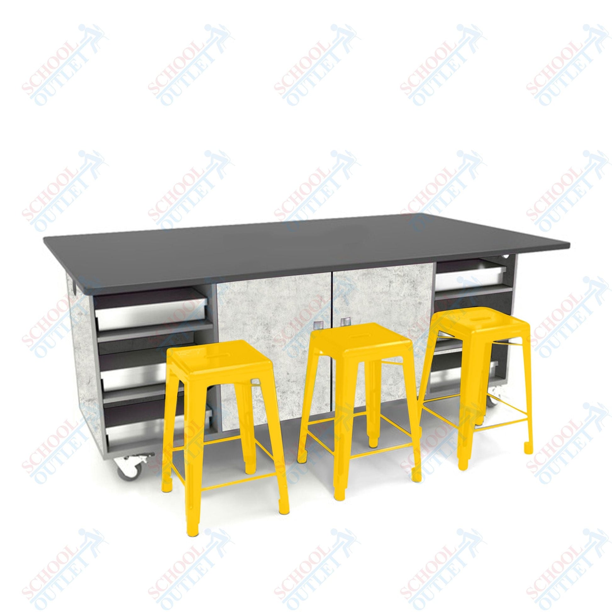 CEF ED Double Table 36"H Chemical Resistant Top, Laminate Base with 6 Stools, Storage bins, and Electrical Outlets Included. - SchoolOutlet