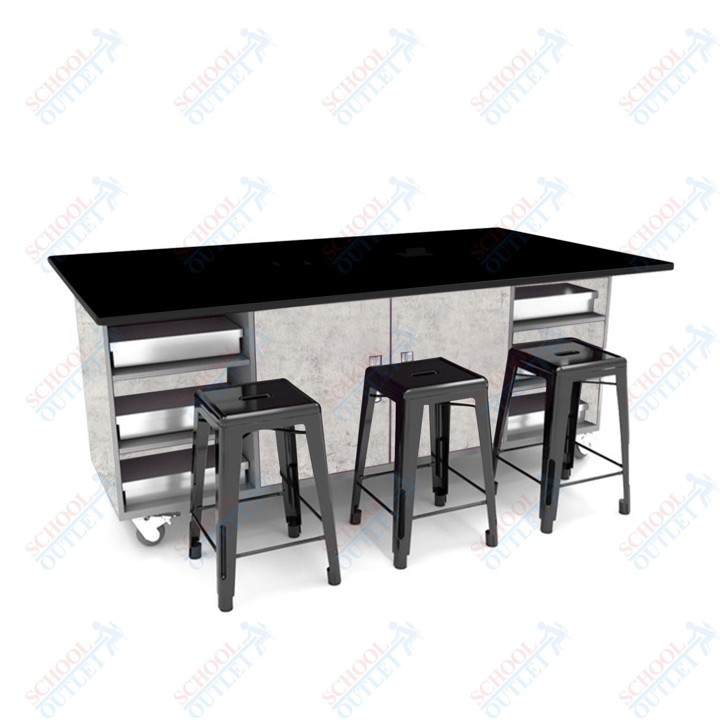 CEF ED Double Table 36"H Tough Top, Laminate Base with 6 Stools, Storage bins, and Electrical Outlets Included. - SchoolOutlet