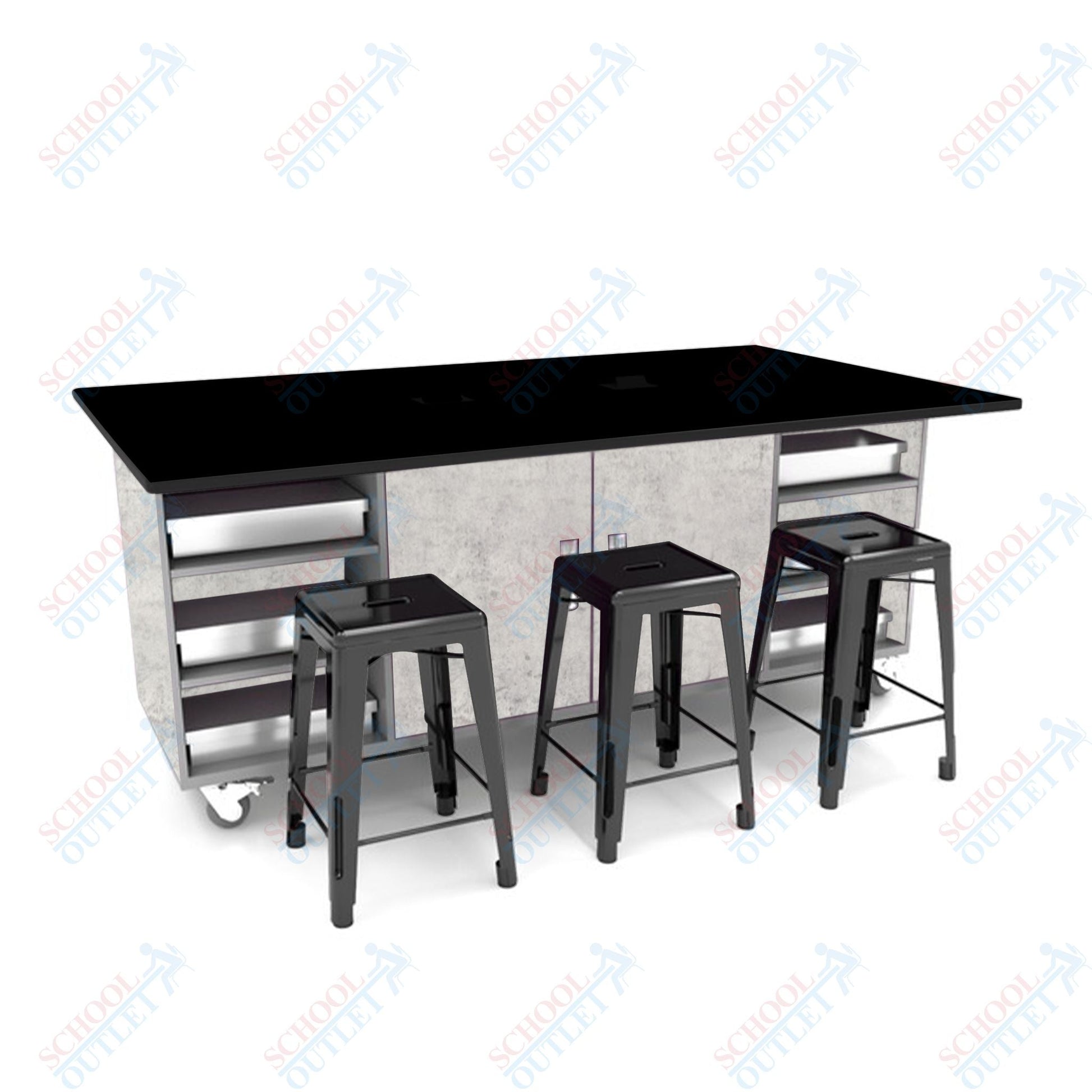 CEF ED Double Table 36"H Tough Top, Laminate Base with 6 Stools, Storage bins, and Electrical Outlets Included. - SchoolOutlet