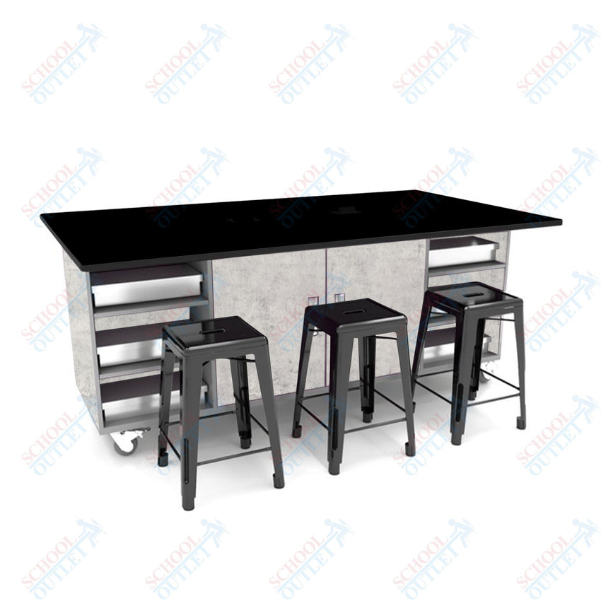 CEF ED Double Table 36"H Tough Top, Laminate Base with 6 Stools, Storage bins, and Electrical Outlets Included. - SchoolOutlet