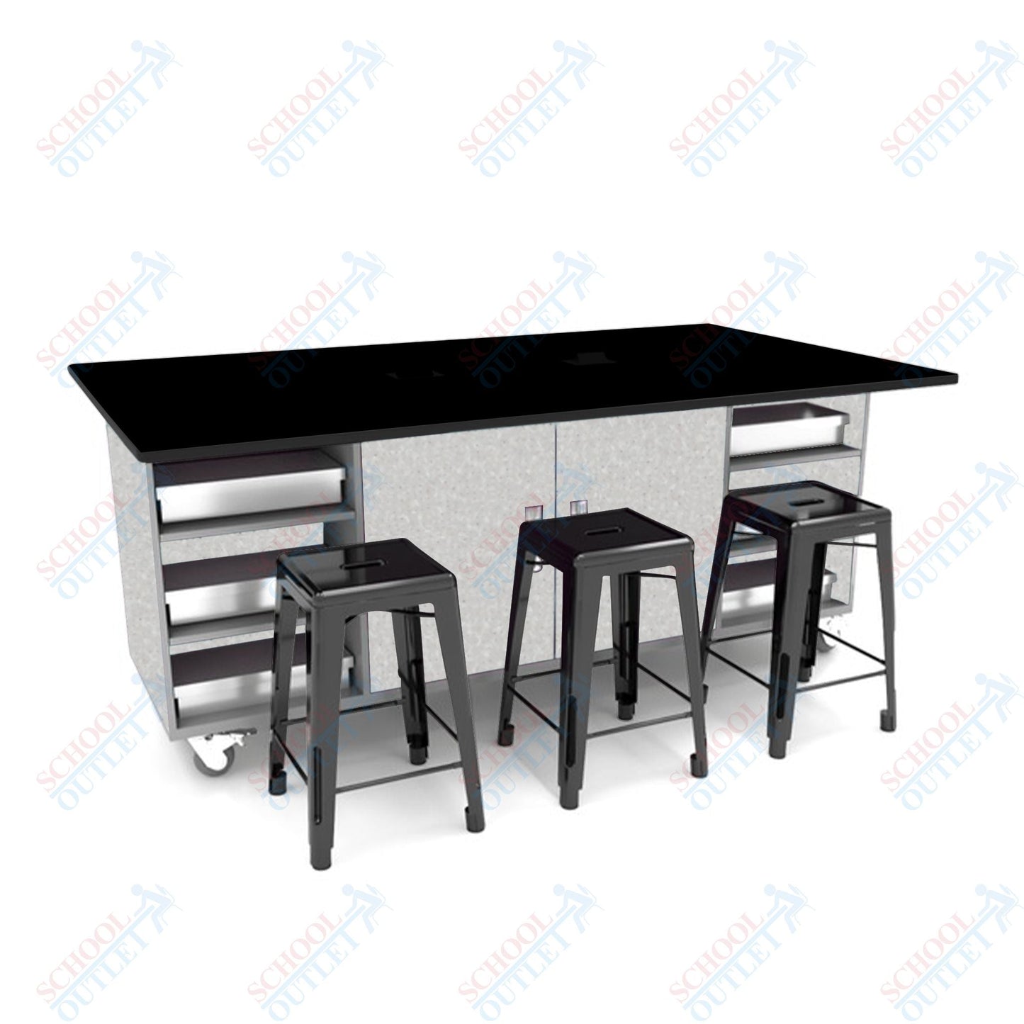 CEF ED Double Table 36"H Tough Top, Laminate Base with 6 Stools, Storage bins, and Electrical Outlets Included. - SchoolOutlet