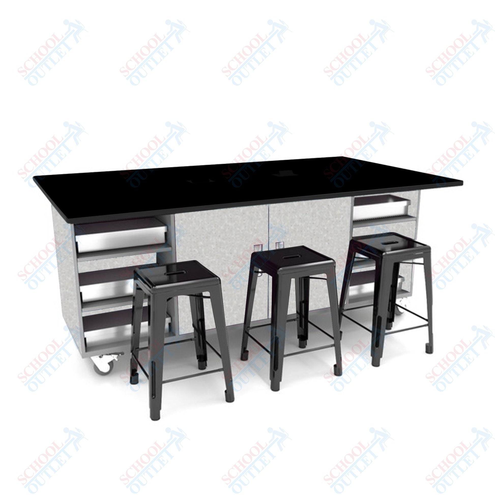 CEF ED Double Table 36"H Tough Top, Laminate Base with 6 Stools, Storage bins, and Electrical Outlets Included. - SchoolOutlet