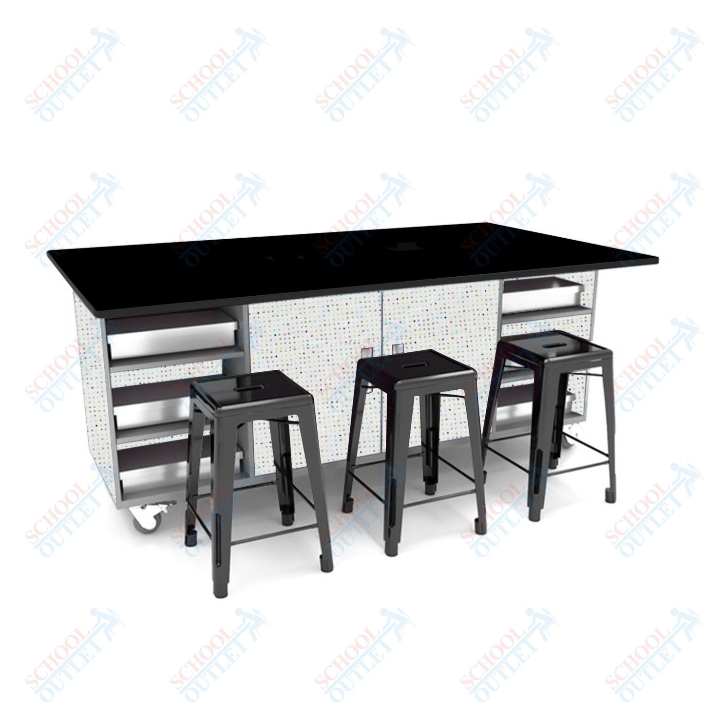 CEF ED Double Table 36"H Tough Top, Laminate Base with 6 Stools, Storage bins, and Electrical Outlets Included. - SchoolOutlet