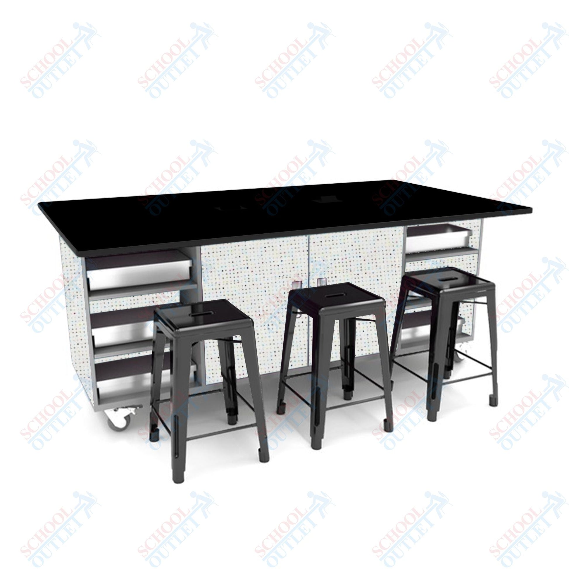 CEF ED Double Table 36"H Tough Top, Laminate Base with 6 Stools, Storage bins, and Electrical Outlets Included. - SchoolOutlet