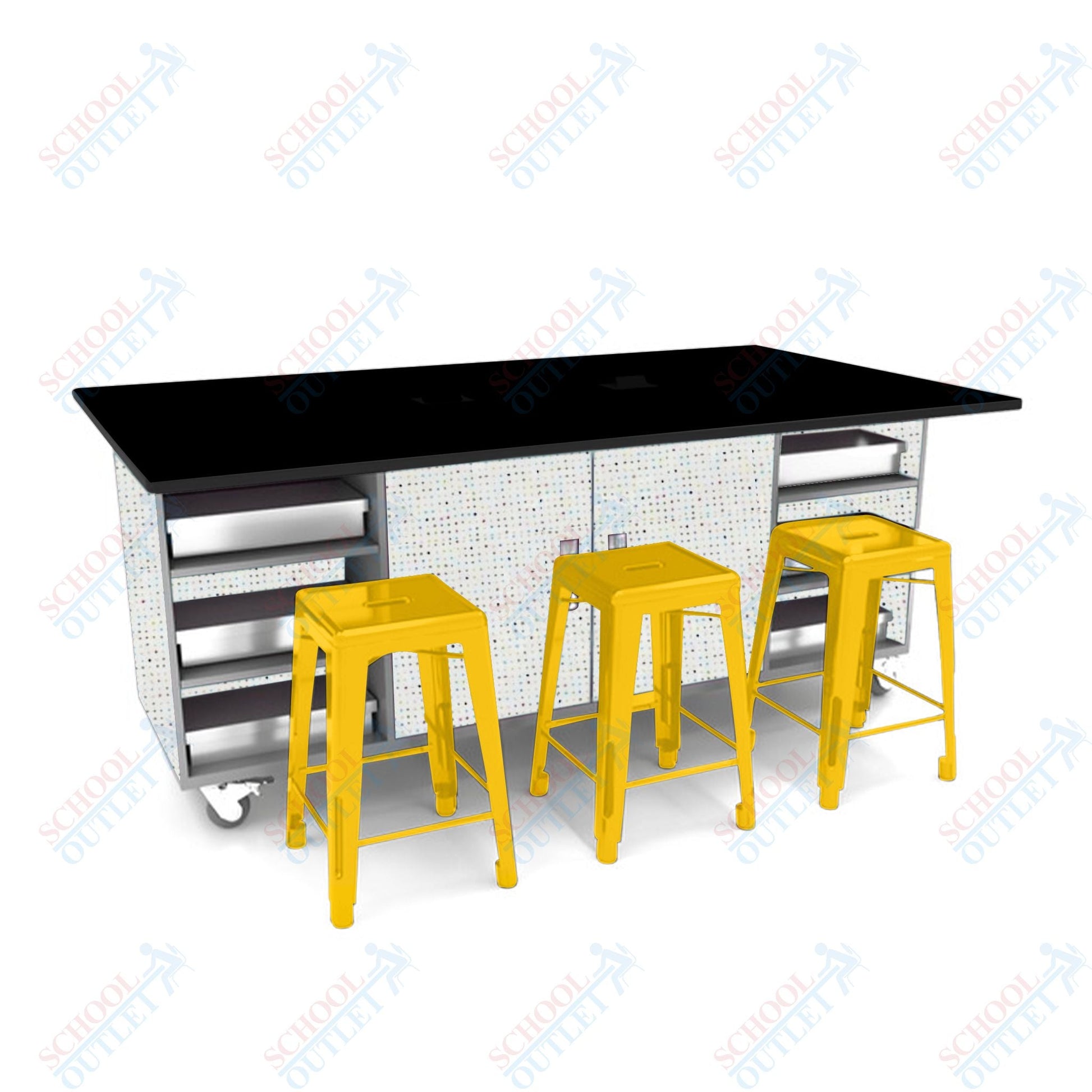 CEF ED Double Table 36"H Tough Top, Laminate Base with 6 Stools, Storage bins, and Electrical Outlets Included. - SchoolOutlet