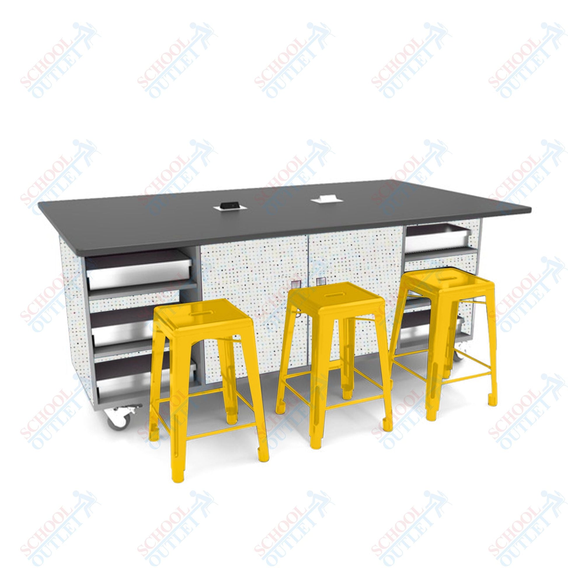 CEF ED Double Table 36"H Tough Top, Laminate Base with 6 Stools, Storage bins, and Electrical Outlets Included. - SchoolOutlet